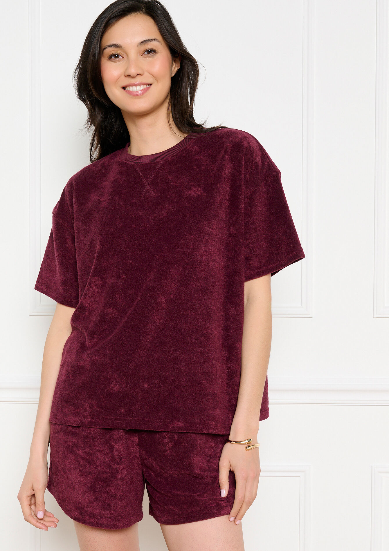 Relaxte badstof t-shirt - AUBERGINE - 15100420_1537