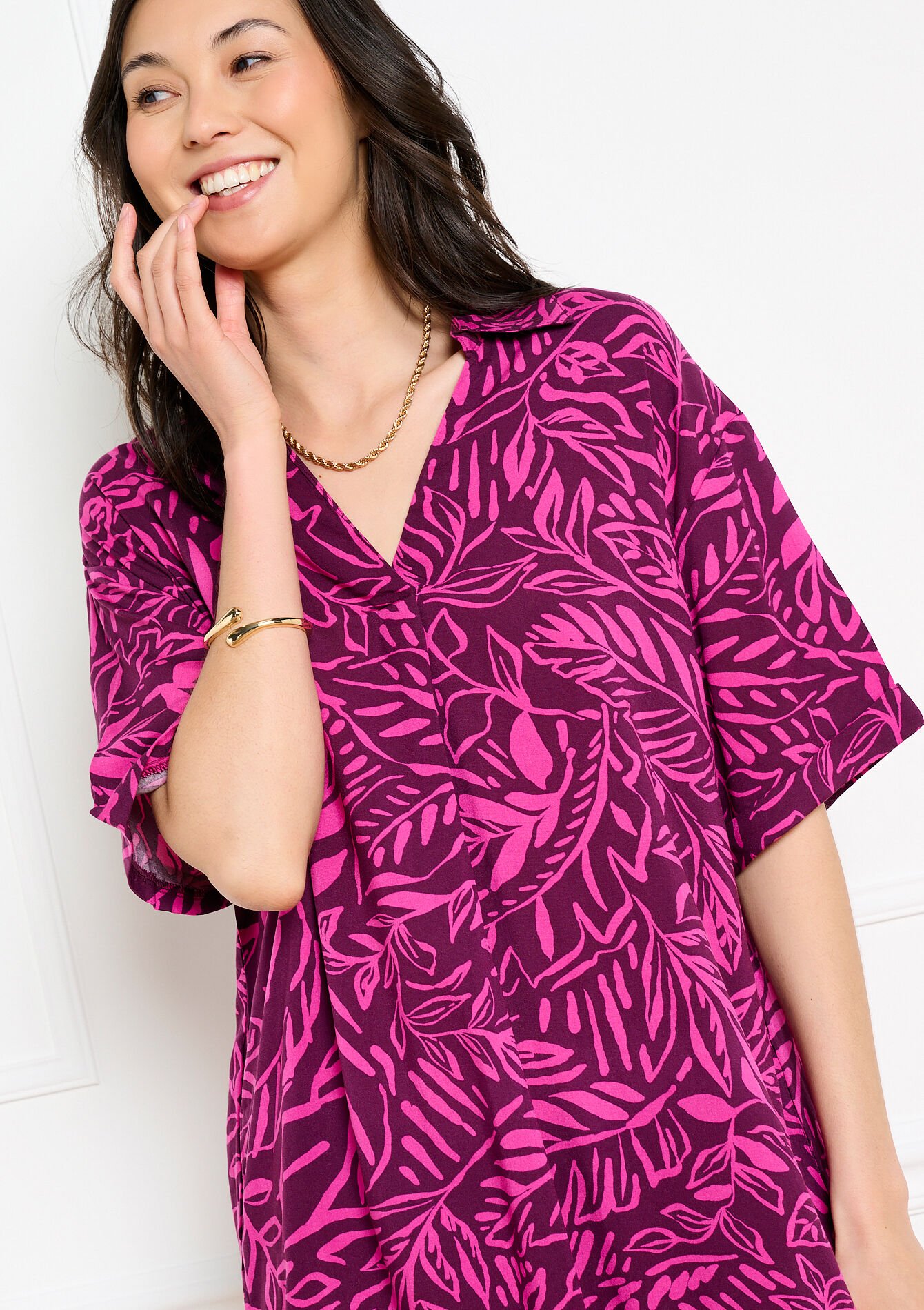 Printed relaxed short dress - AUBERGINE - 08104360_1537