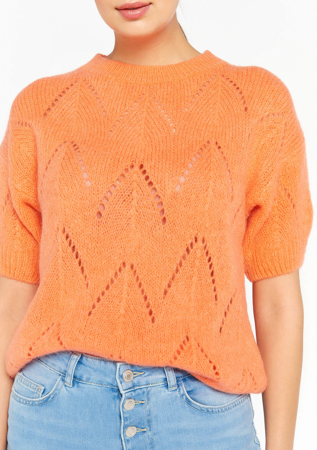 Open-knit pullover with short sleeves, Open-knit pullover with short sleeves - ORANGE PASTEL - 04006109_1267
