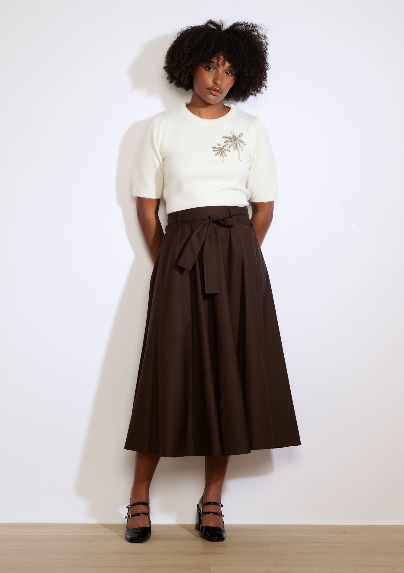 Jupe midi fluide ceinturée, Jupe midi fluide ceinturée - BROWN DARK CHOCOLATE - 07101398_3720