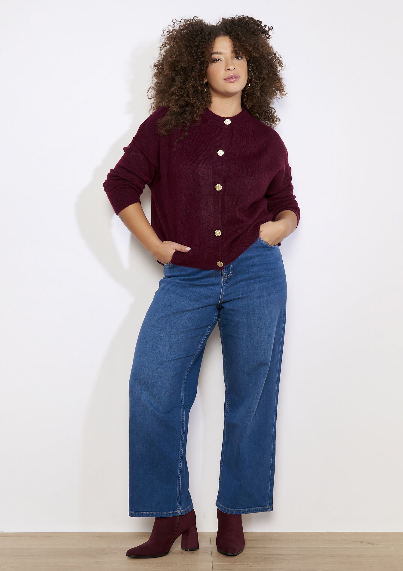 Gold button cardigan, , back