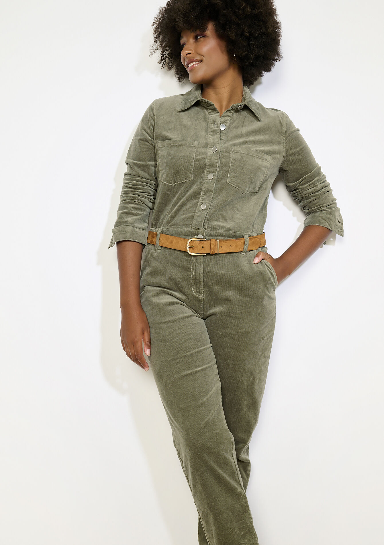 Velours jumpsuit met knopen, Velours jumpsuit met knopen - KHAKI FADED - 06004614_4326