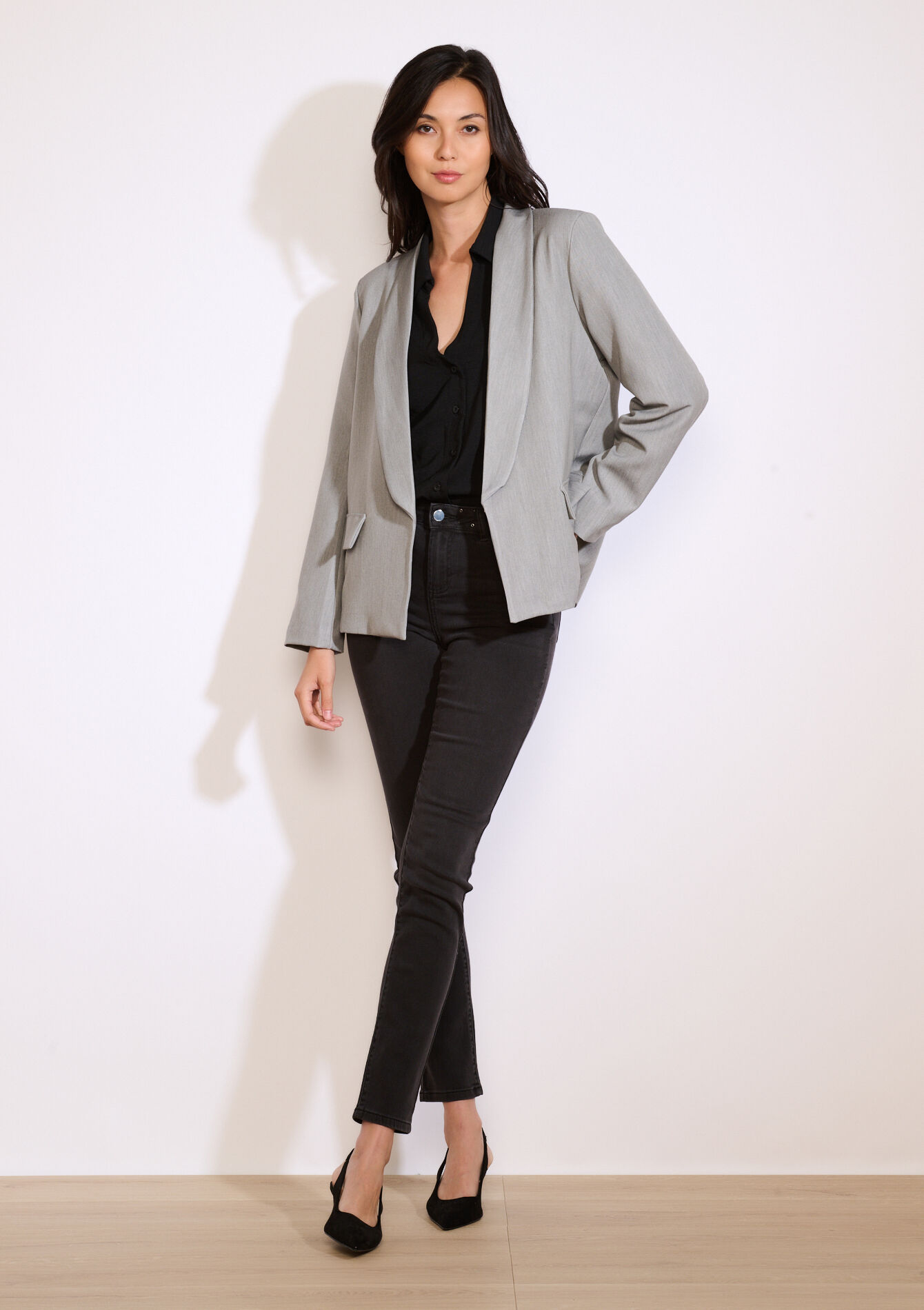 Losvallende open blazer - GREY MED MEL - 09101106_3507