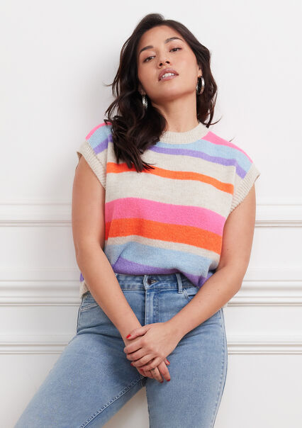 Sleeveless pullover with stripes - FLUO PINK - 04006496_5727