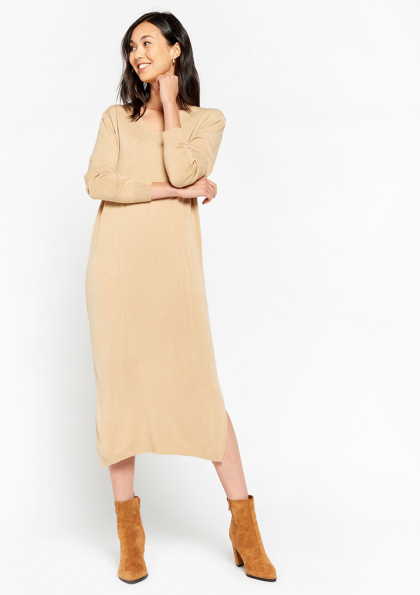 Knitted dress with V-neck, Knitted dress with V-neck - LIGHT CAMEL - 08602181_3814
