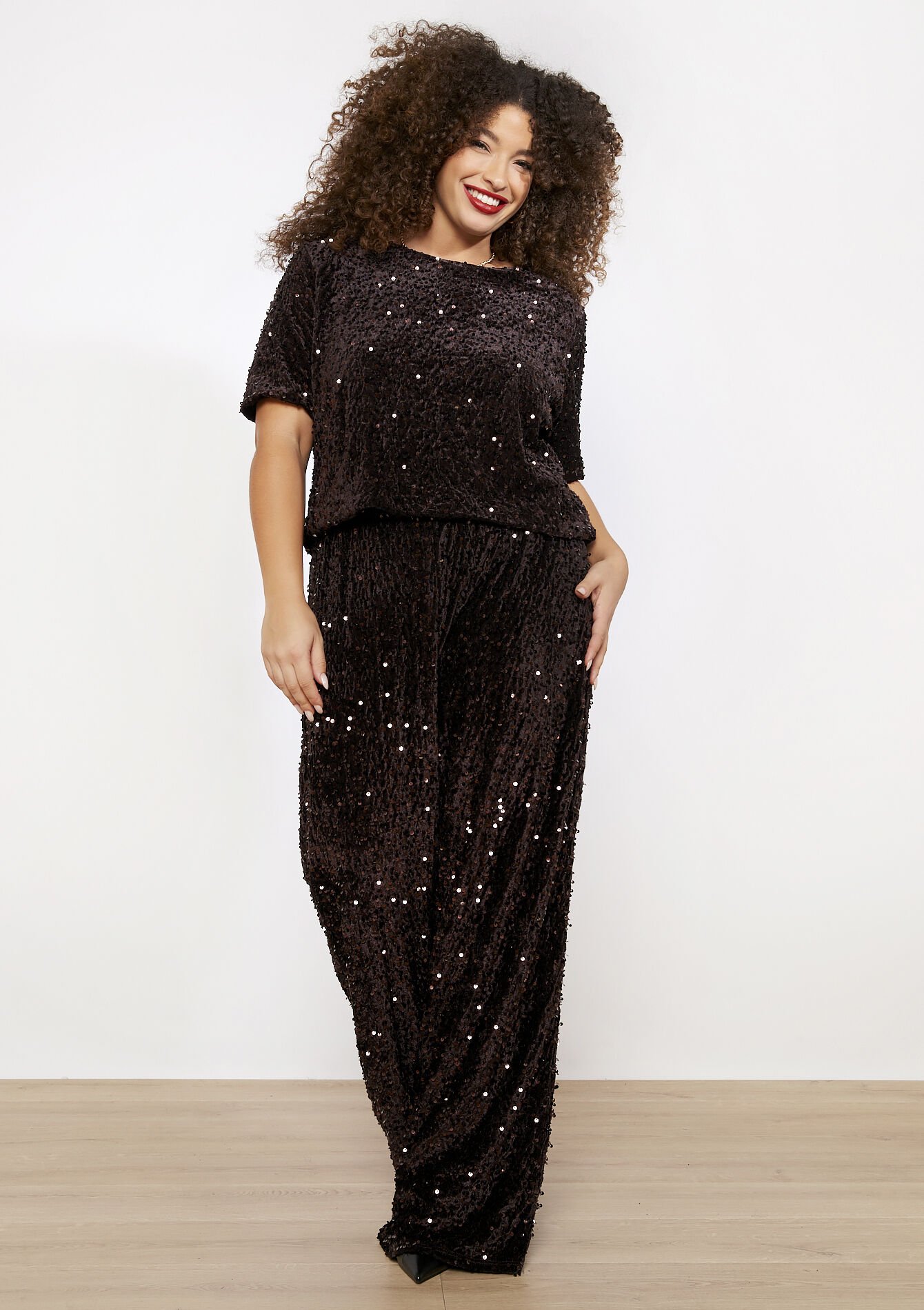 Fluwelen paillettenbroek - BROWN DARK CHOCOLATE - 06601083_3720