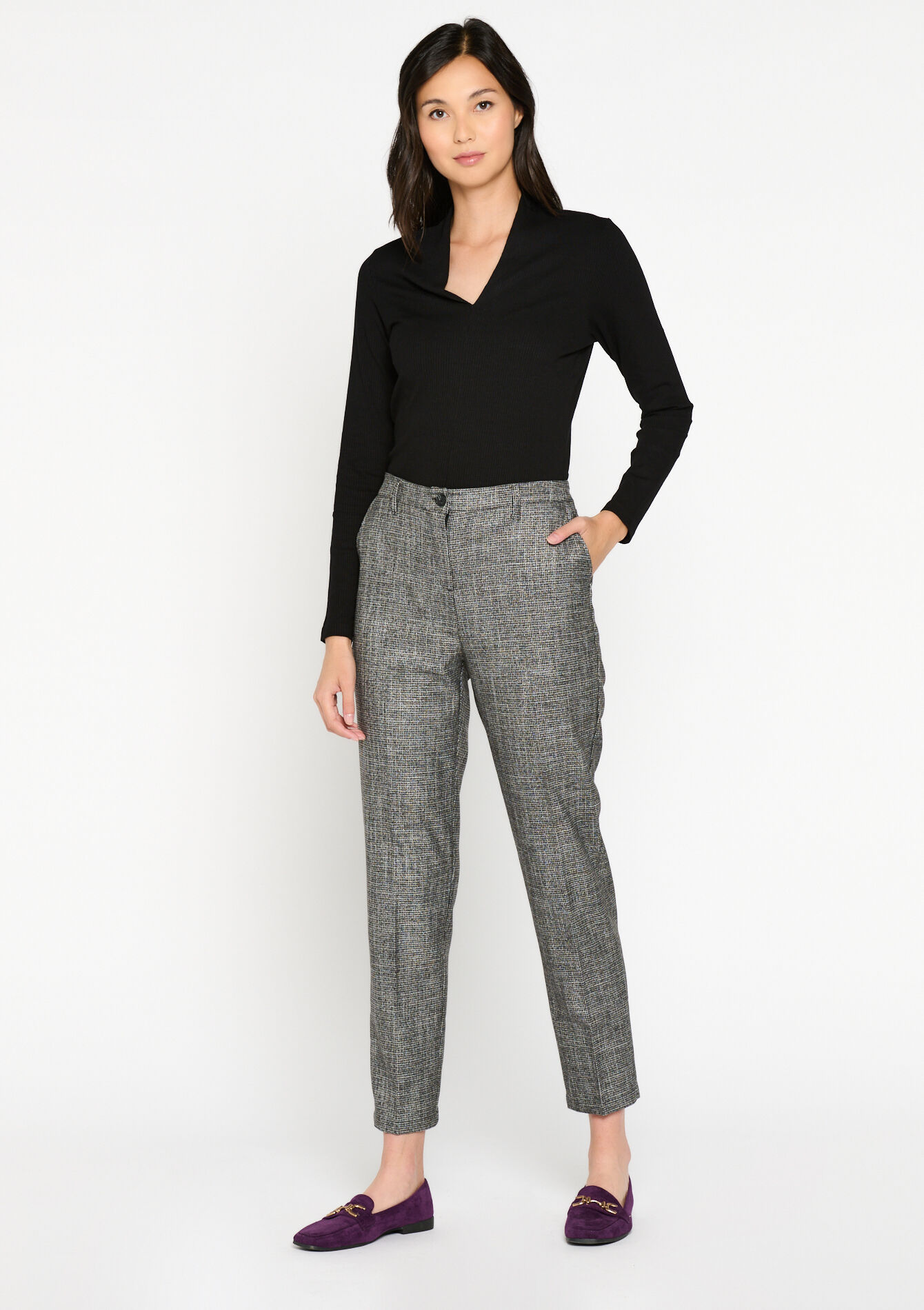 Cigarette trousers with pied-de-poule - BLACK - 1082086