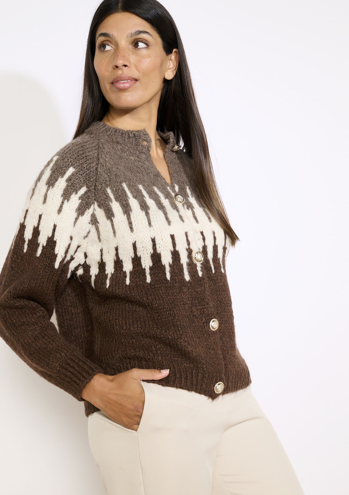 Graphic pattern cardigan, Graphic pattern cardigan - BROWN DARK CHOCOLATE - 04101398_3720