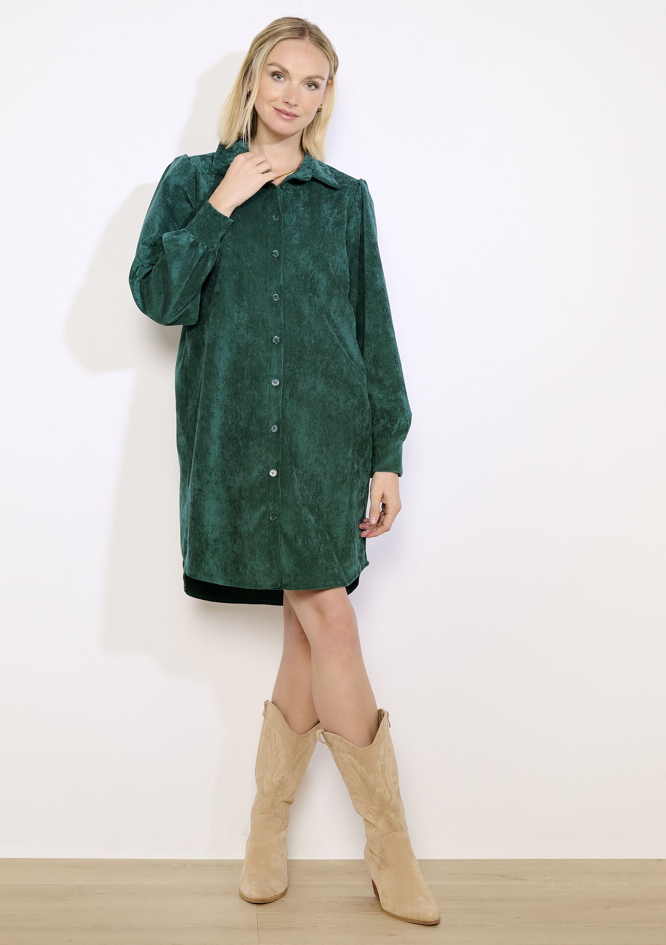 Robe chemise en velours, Robe chemise en velours - BOTTLE GREEN - 08104418_1778