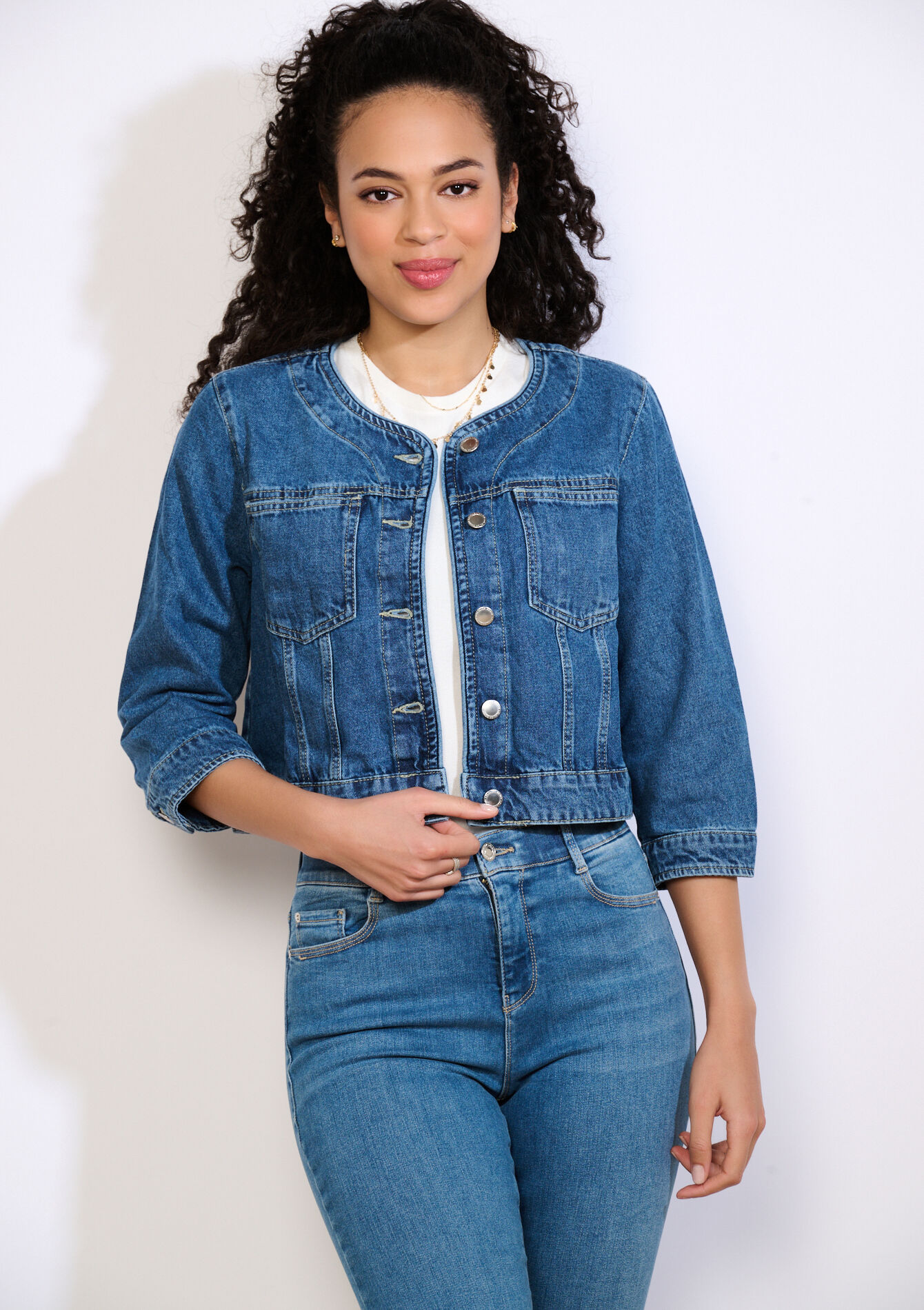 Cropped denim jacket, , back