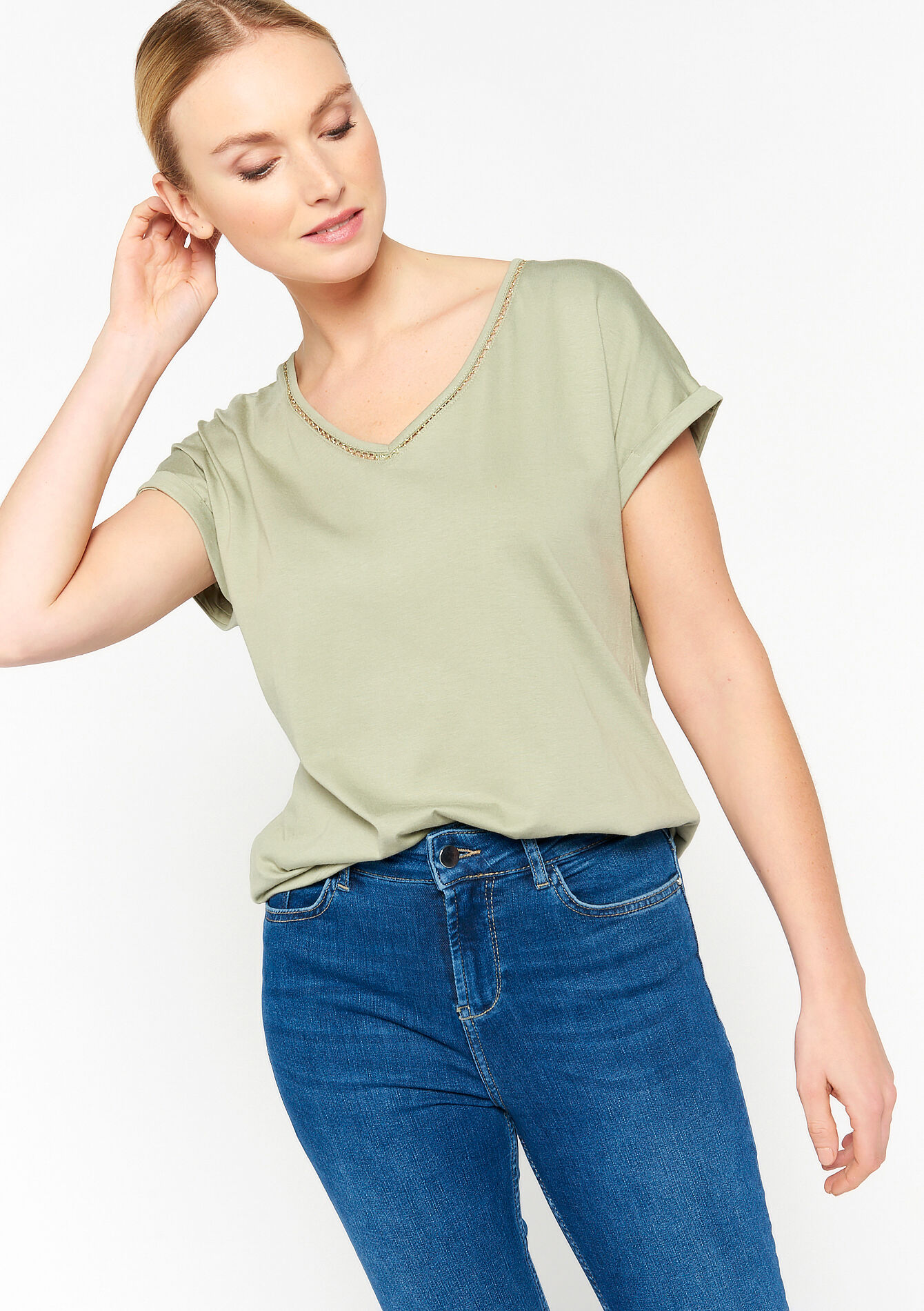 V-neck T-shirt, V-neck T-shirt - KHAKI MED - 02301315_4327