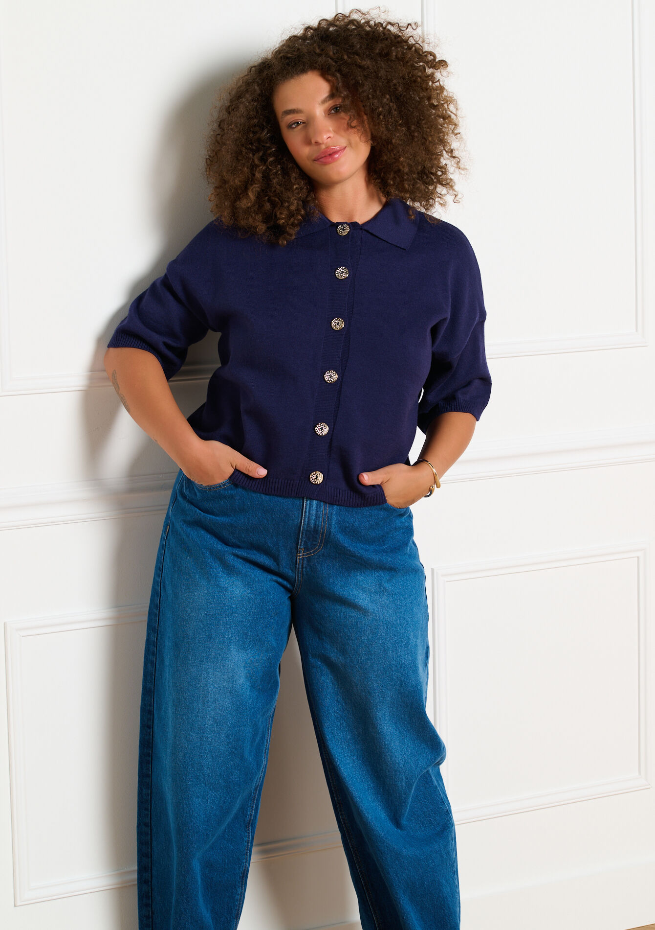 Kortemouw cardigan met polokraag - NAVY BASIC - 04101480_2723