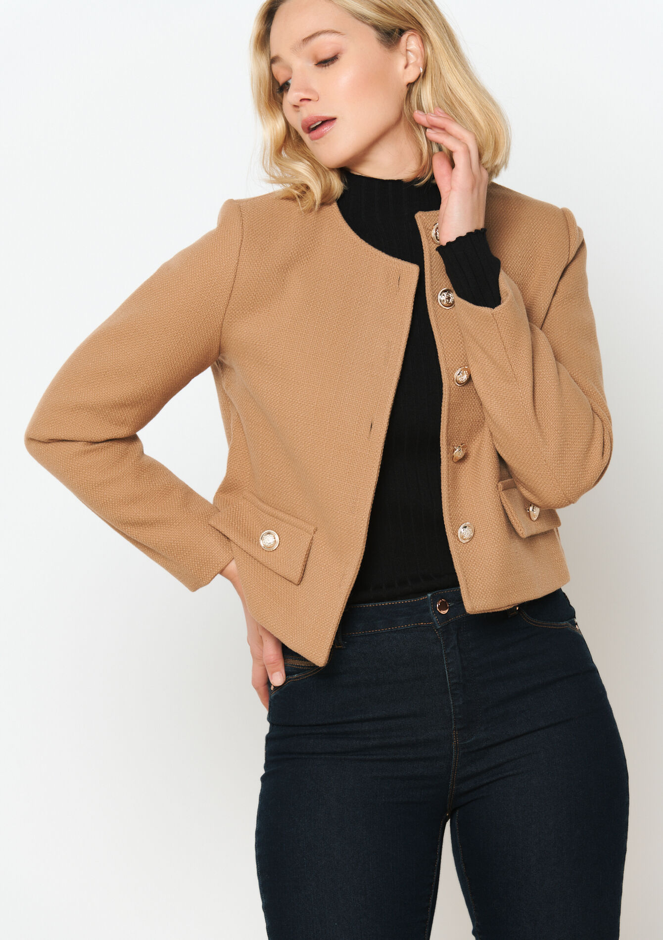 Cropped tweed jacket - CAMEL BEIGE - 09100882_1132