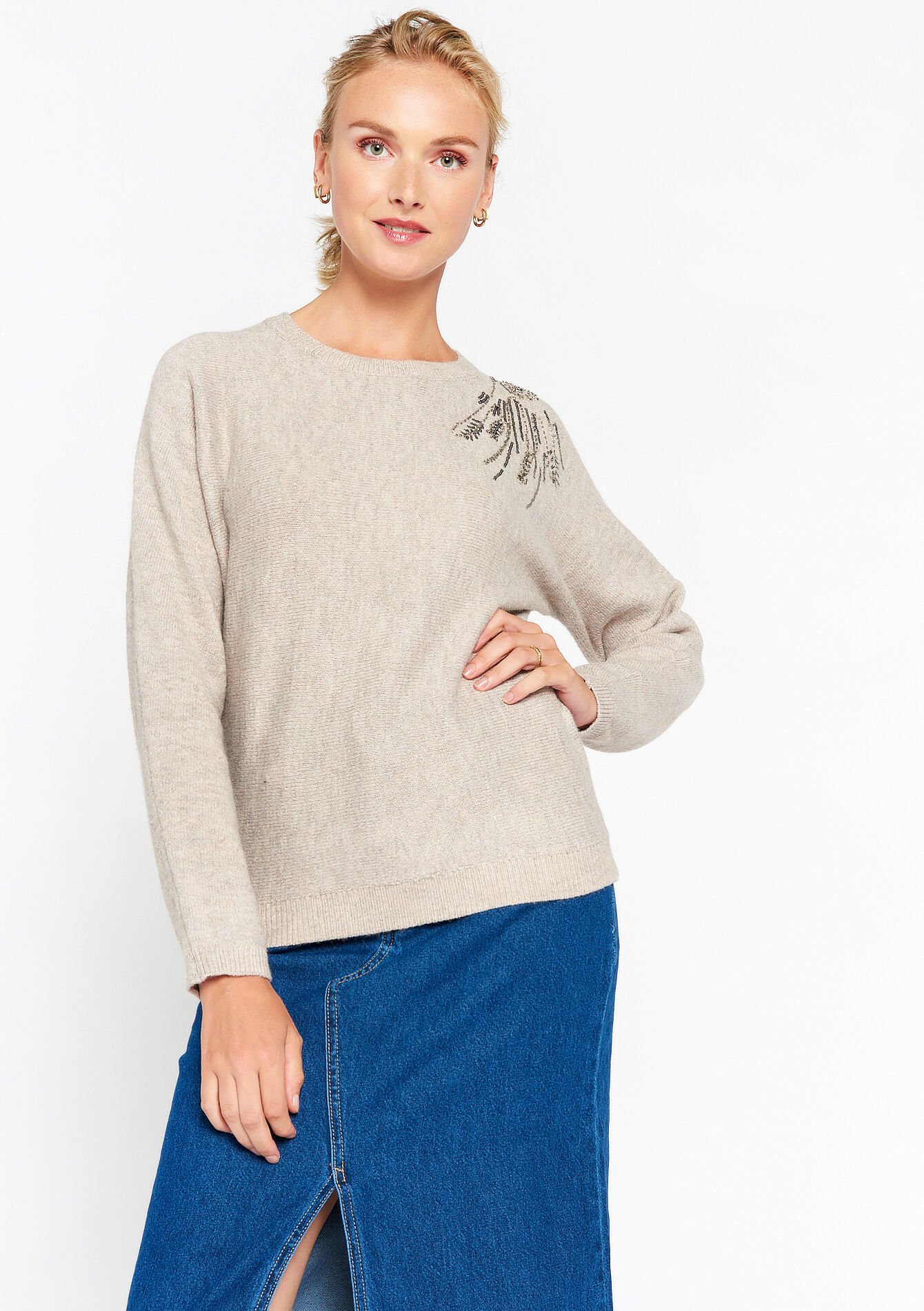 Trui met kralendetail, Trui met kralendetail - TAUPE - 04006168