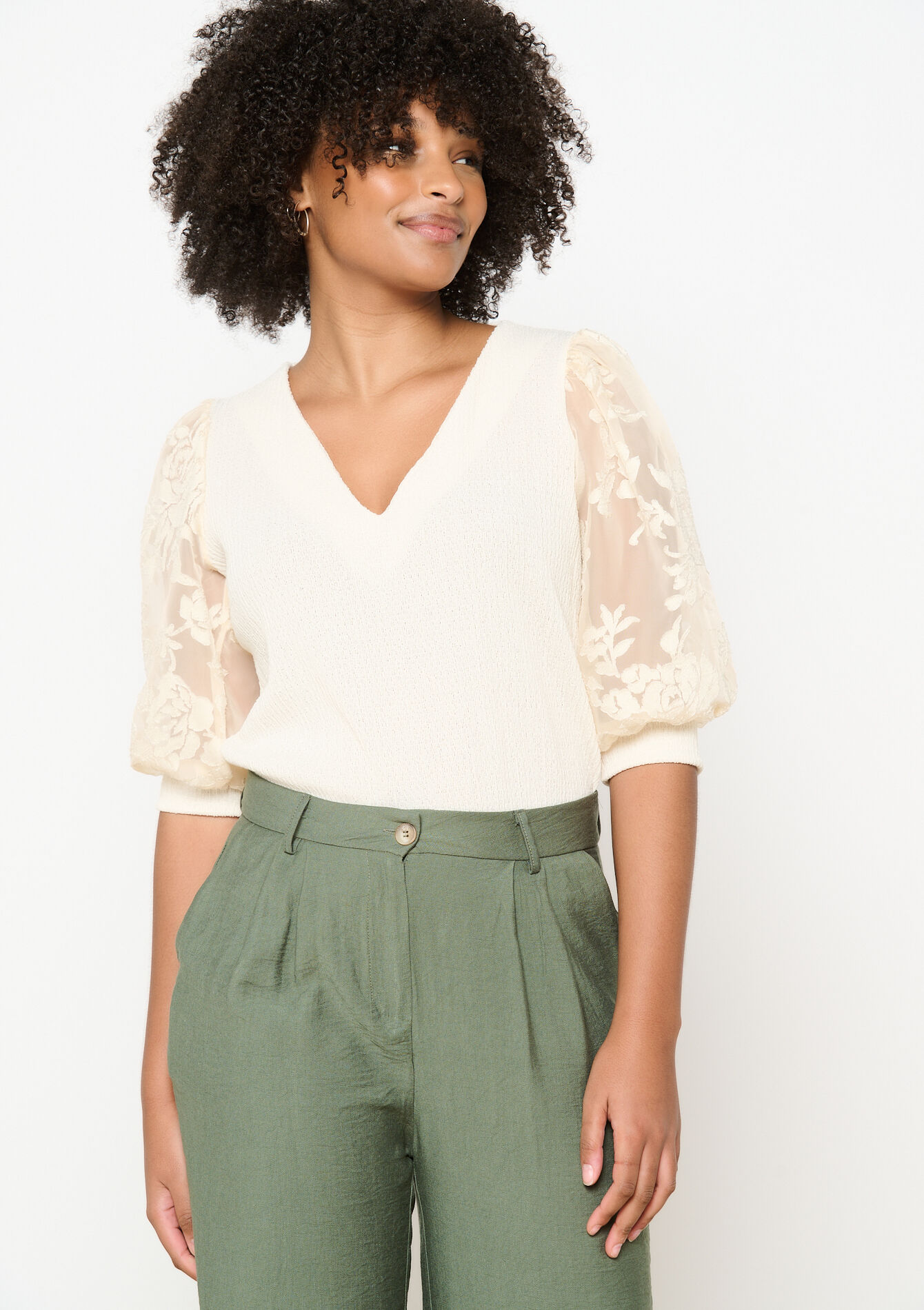 Embroidered sleeve textured top, Embroidered sleeve textured top - VANILLA WHITE - 02301764_1013