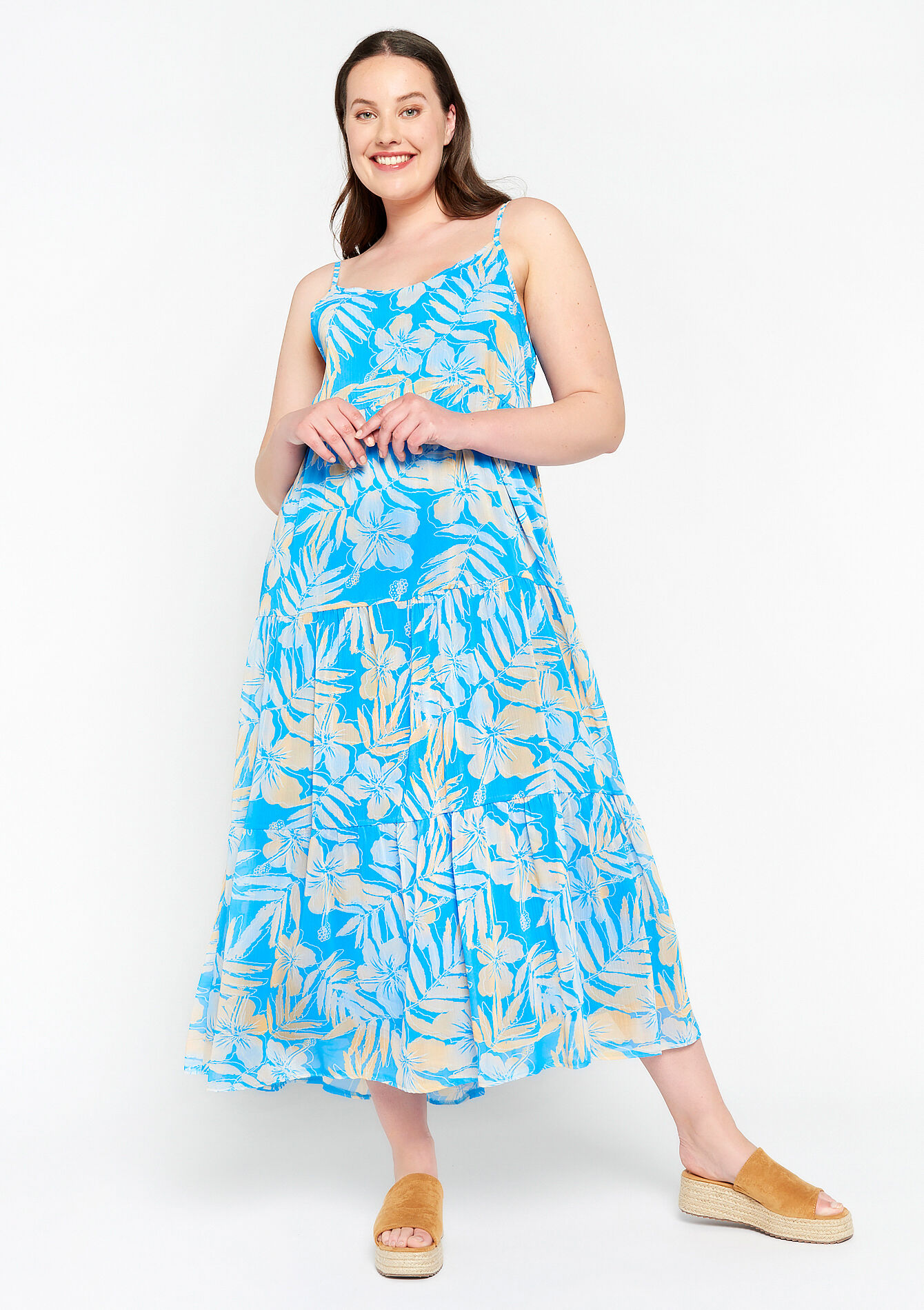 Long A-line dress with floral print, Long A-line dress with floral print - BLUE FAIENCE - 08602036_1584