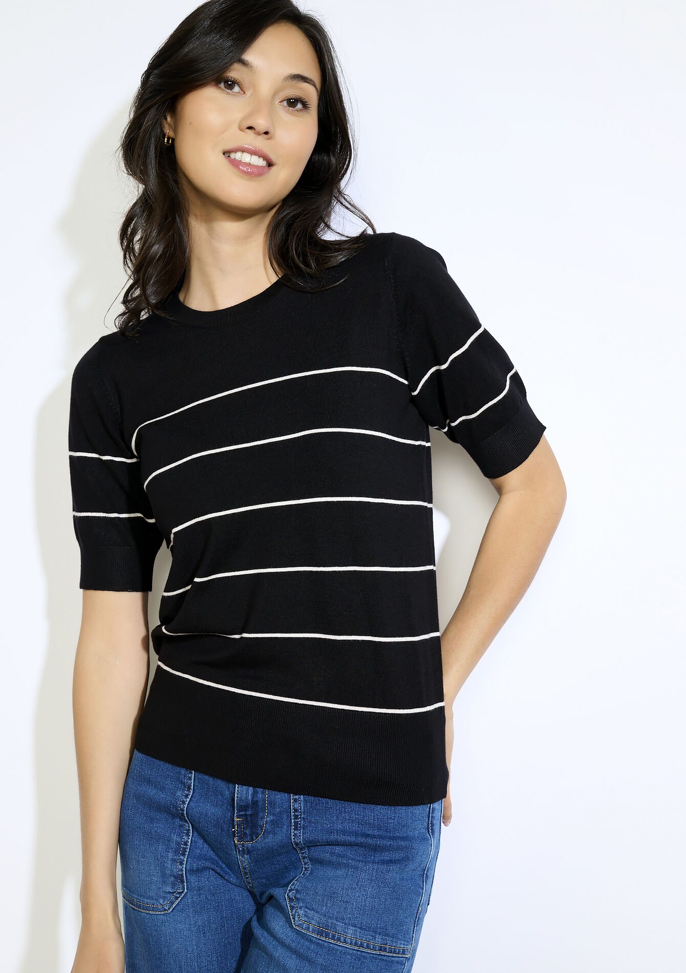 Gestreepte trui korte mouwen - OFFWHITE - 04006875_1001