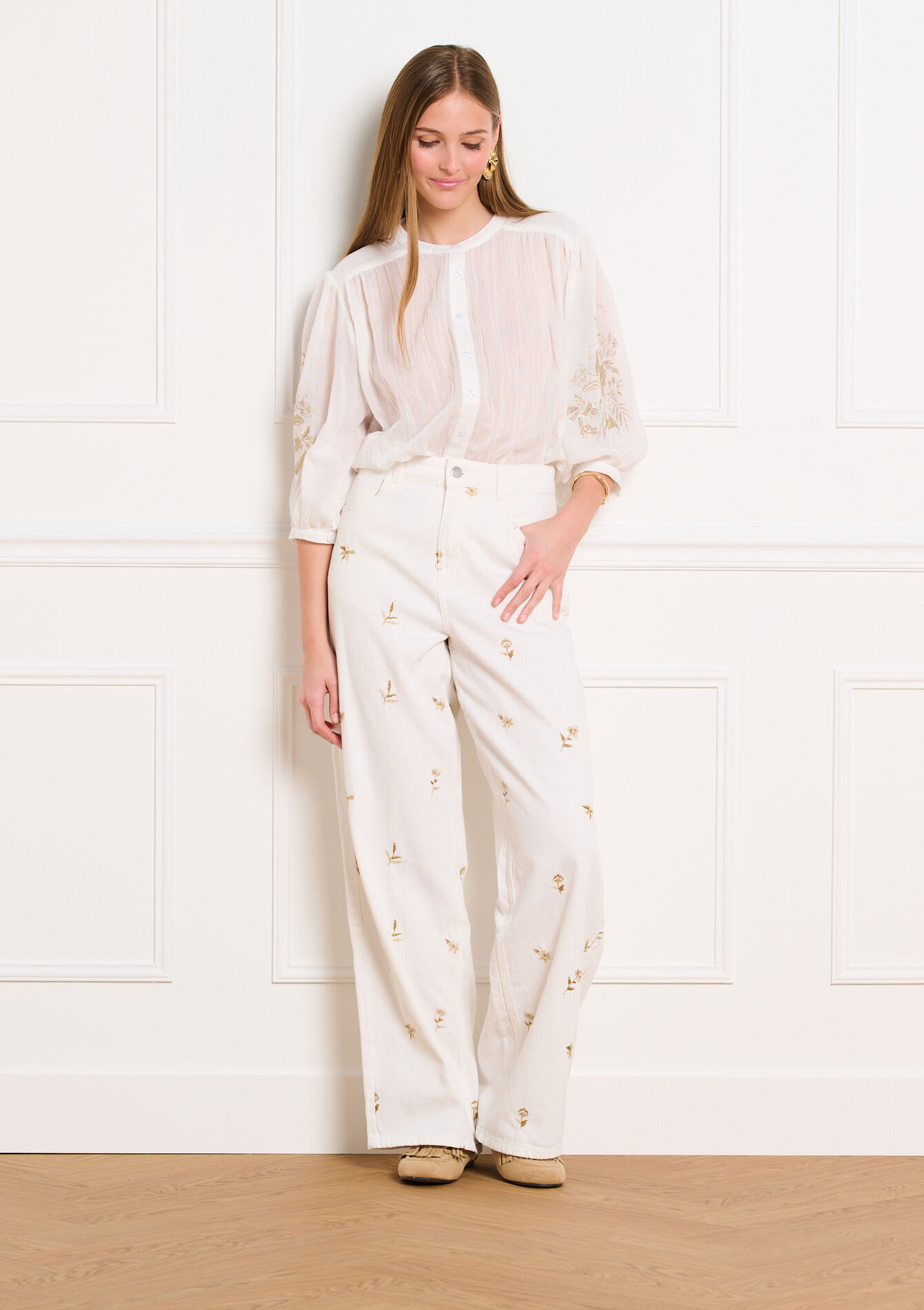 Wijde geborduurde broek, Wijde geborduurde broek - VANILLA WHITE - 06004667_1013