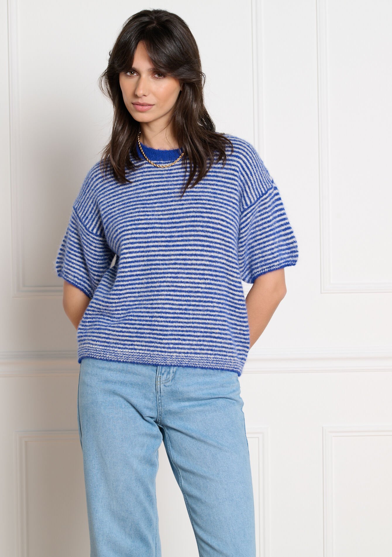 Gestreepte trui met korte mouwen - ELECTRIC BLUE - 04007224_1619