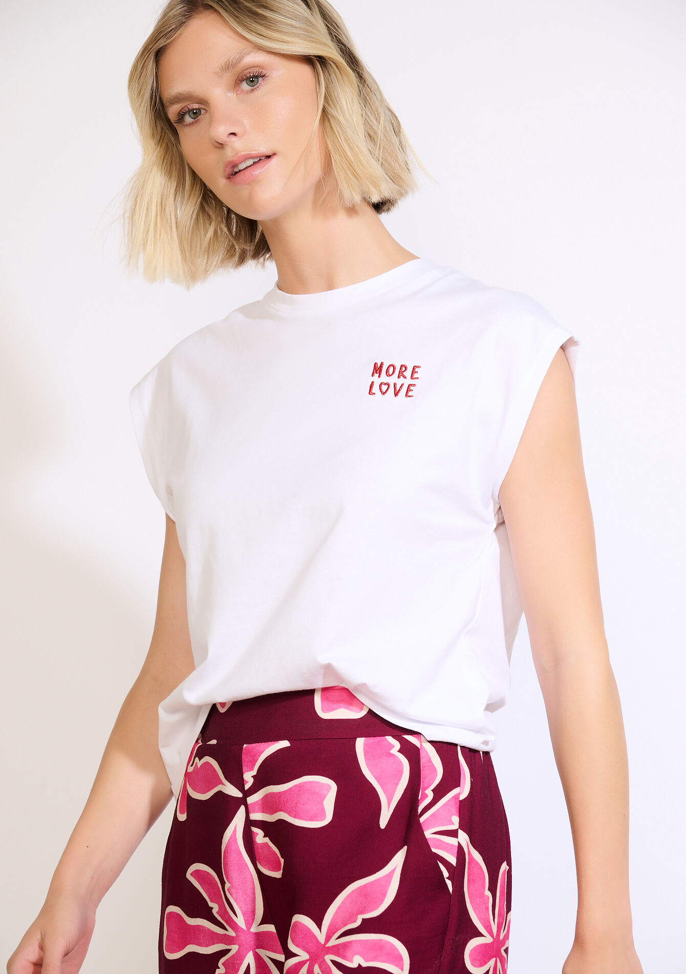 T-shirt à message brodé, T-shirt à message brodé - OPTICAL WHITE - 02301741