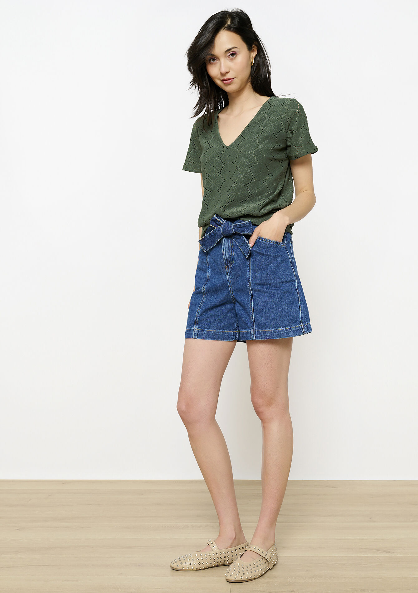 T-shirt brodé romantique, T-shirt brodé romantique - KHAKI FADED - 02301807_4326