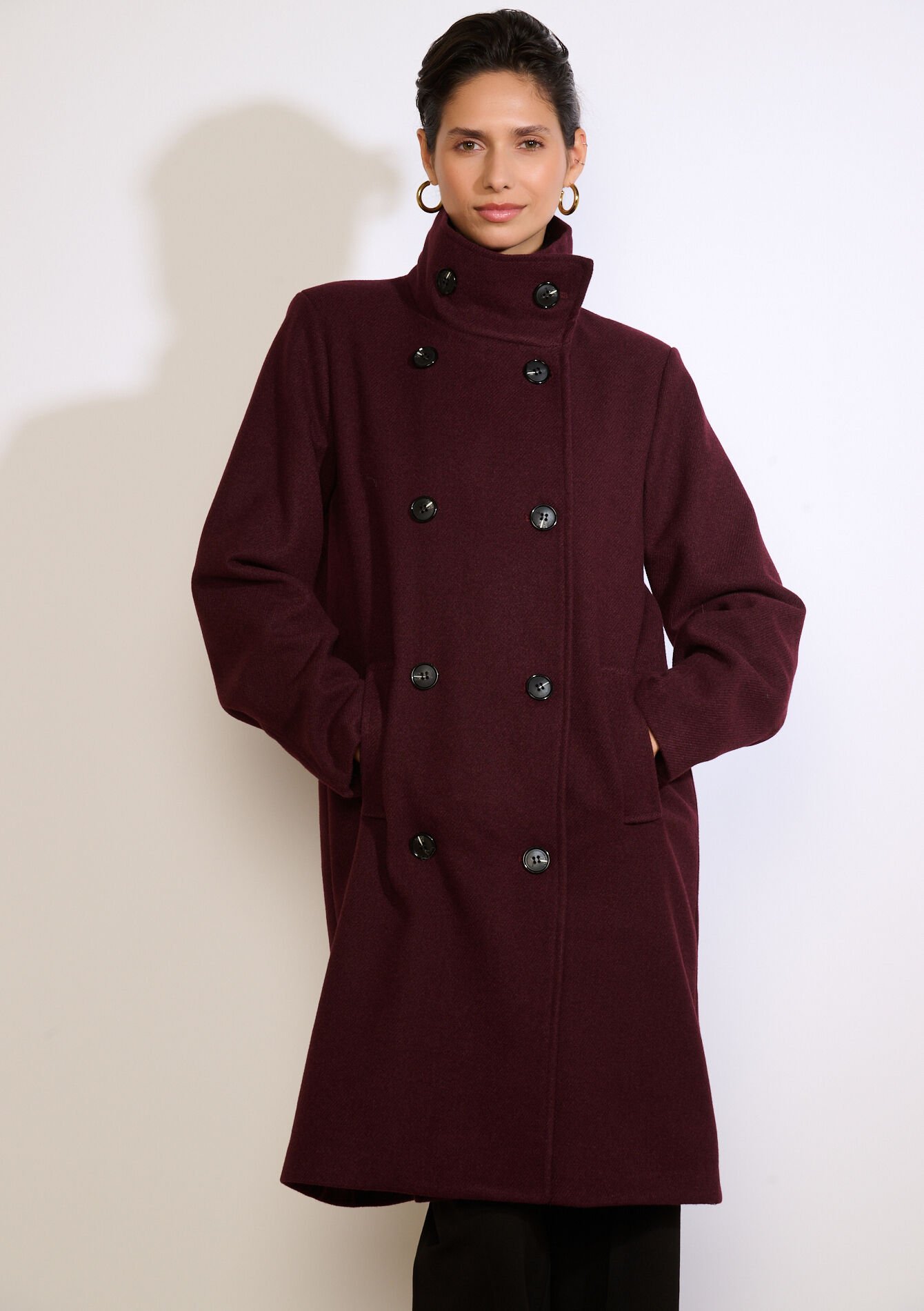 Lange mantel met hoge kraag, Lange mantel met hoge kraag - AUBERGINE - 23000802_1537