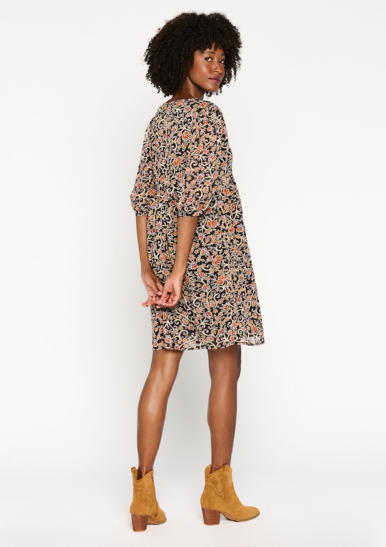 Robe babydoll à imprimé fleuri indien, Robe babydoll à imprimé fleuri indien - BLACK - 08103373_1119