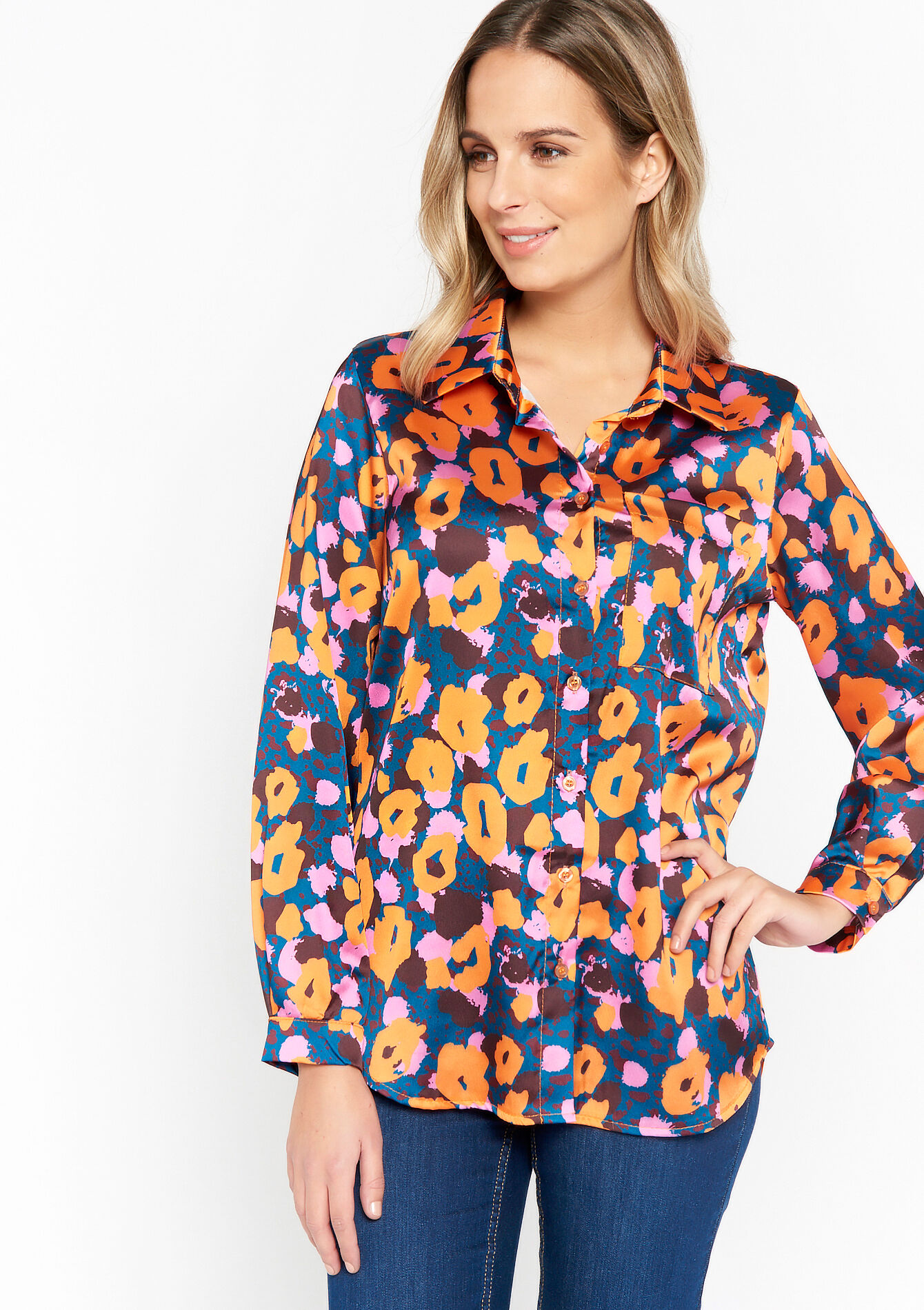 Satin shirt with print, Satin shirt with print - RED ORANGE - 05702113_1397