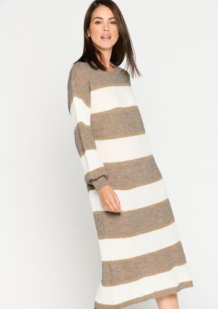 Knitted maxi dress with stripes - LIGHT TAUPE - 08601762_2572