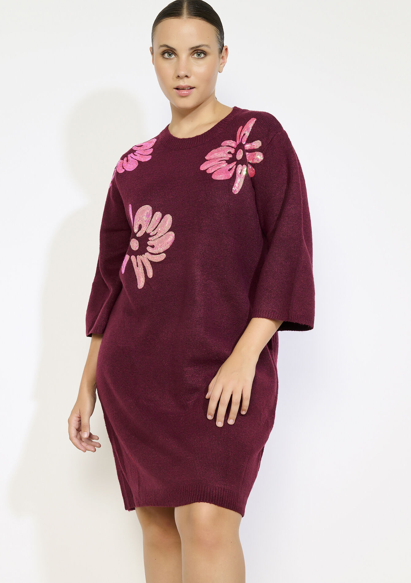Robe pull fleurie brodée, Robe pull fleurie brodée - BORDEAUX WINE - 08104284_5514