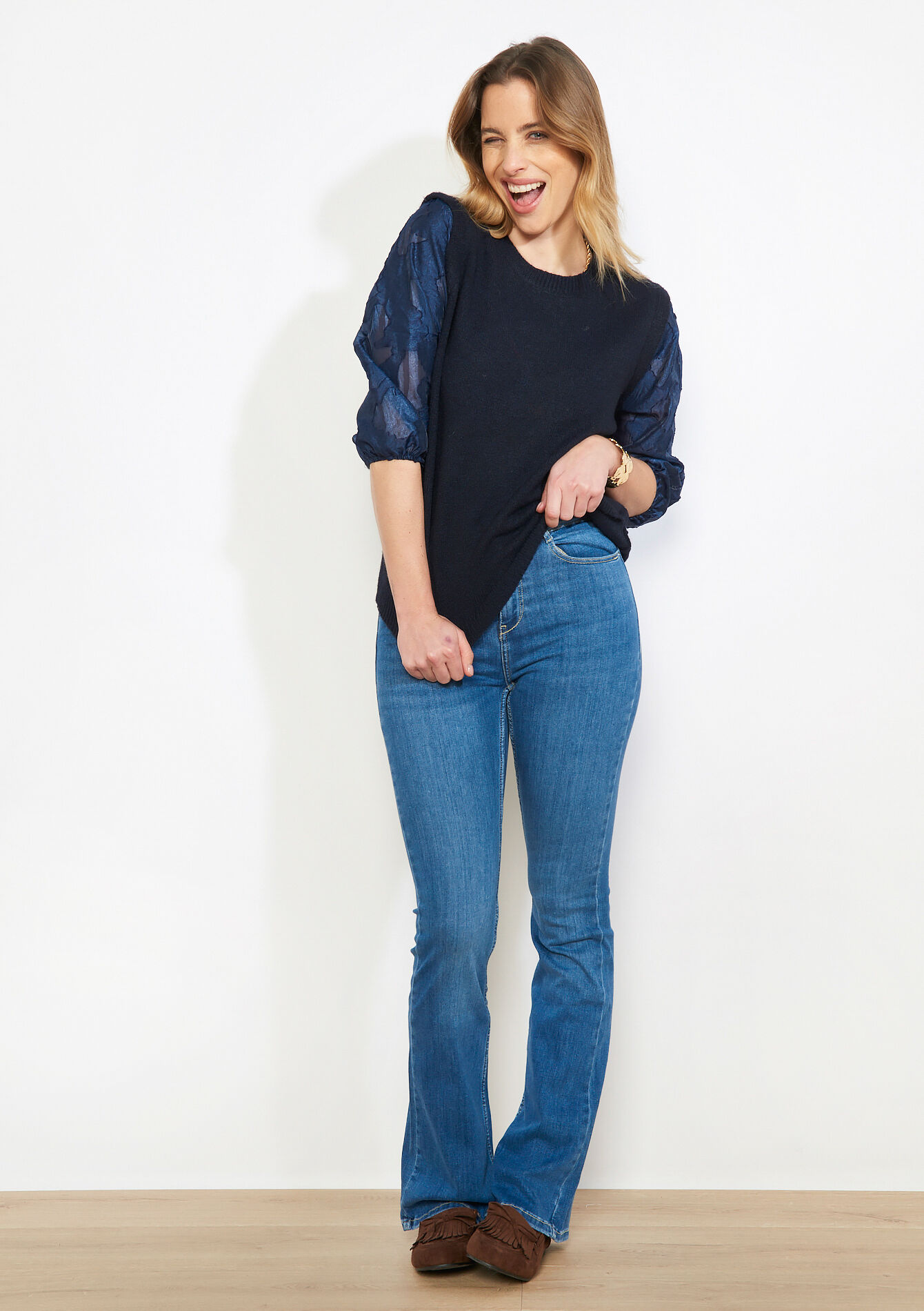 Trui met organza mouwen - NAVY BASIC - 04007166_2723