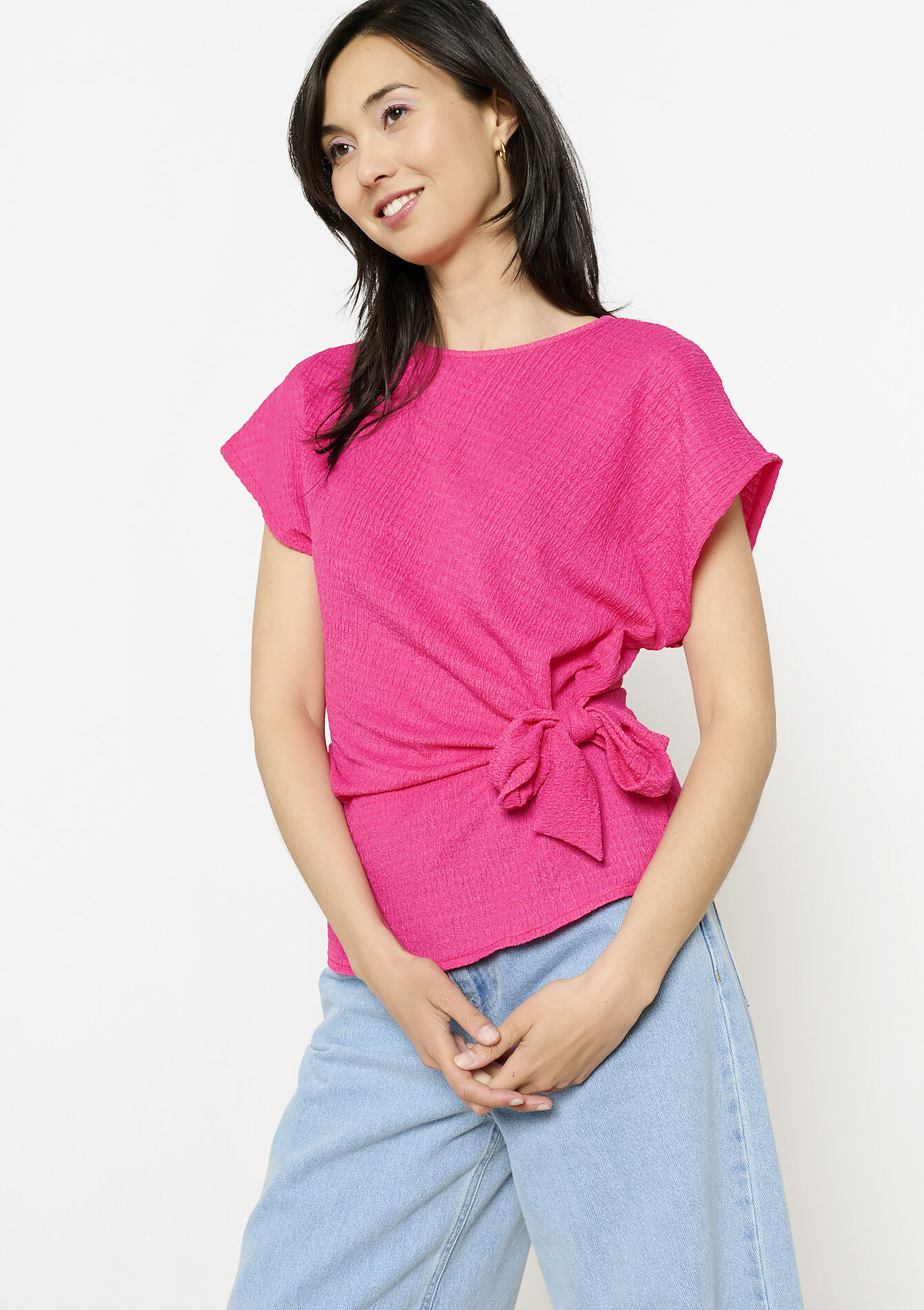 T-shirt noué texturé, T-shirt noué texturé - FUCHSIA - 02301800_5626