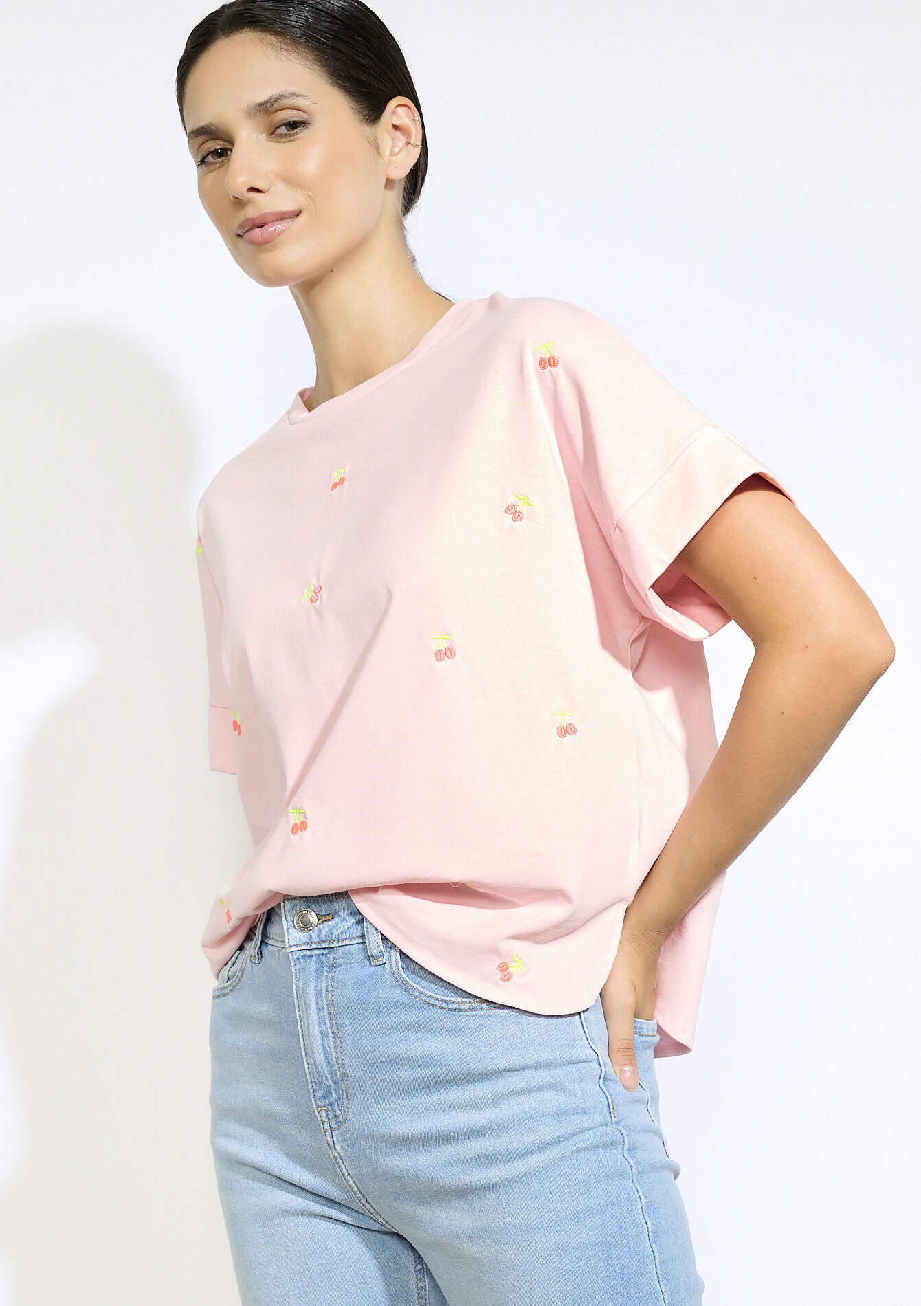 T-shirt à cerises brodées, T-shirt à cerises brodées - LIGHT PINK - 02301816_1303