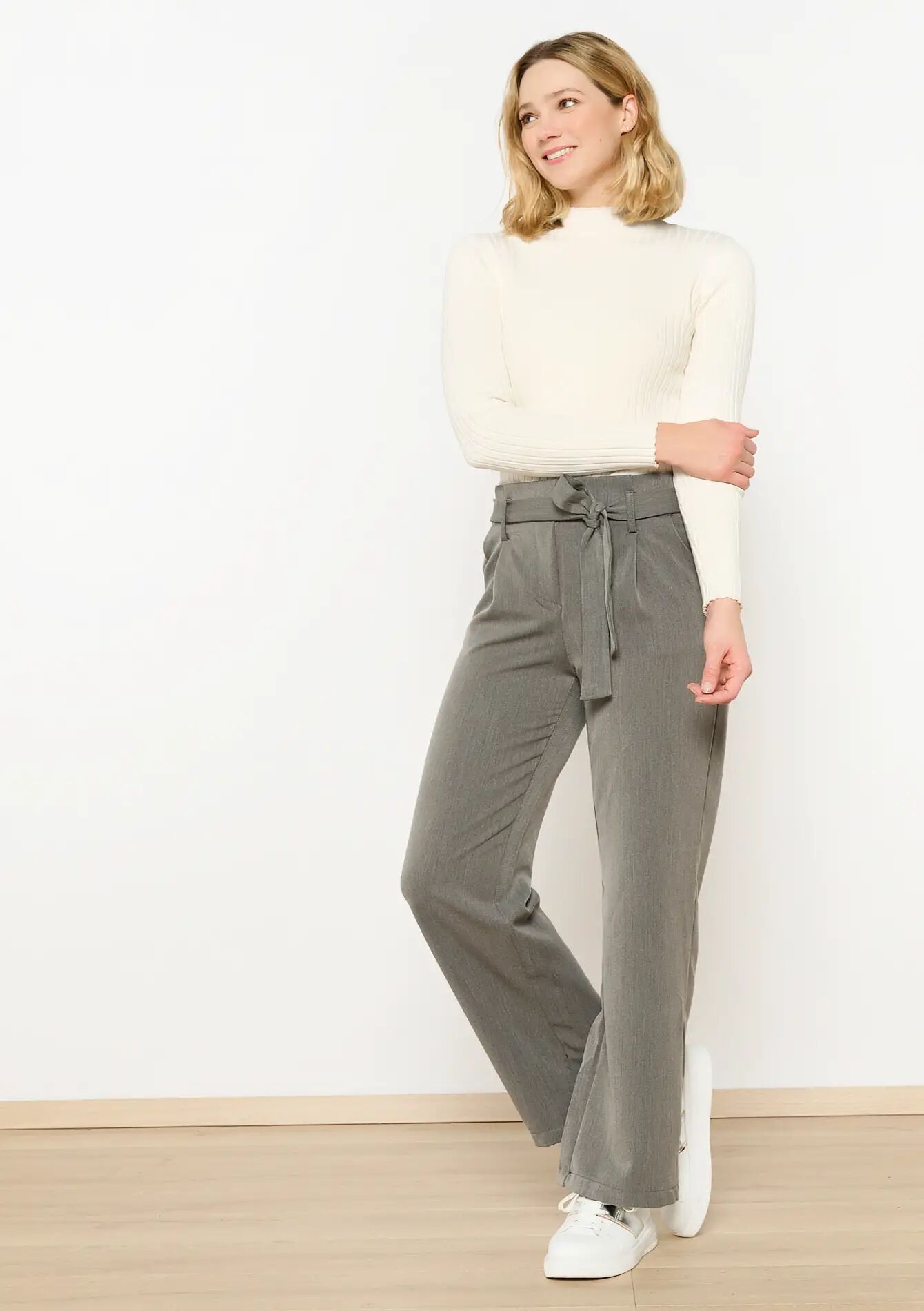 Pantalon paper bag avec ceinture à nouer, Pantalon paper bag avec ceinture à nouer - MED GREY - 1095565
