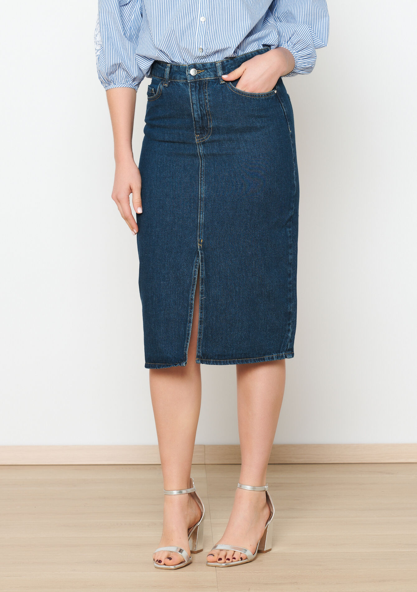 Jupe mi-longue en jean, Jupe mi-longue en jean - DARK BLUE - 07101202_0501