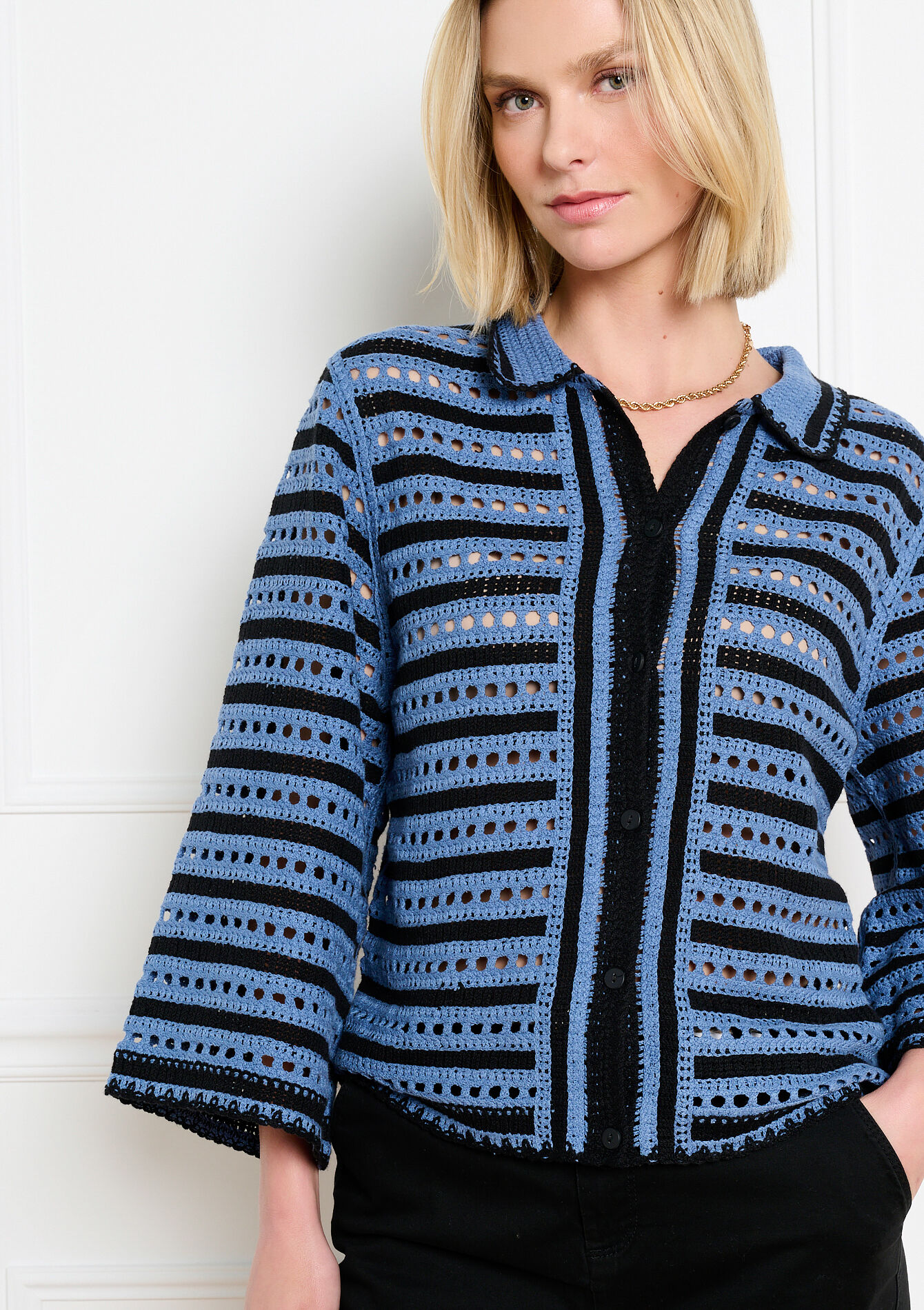 Ajoure gebreid cardigan - NAVY BASIC - 04101436_2723