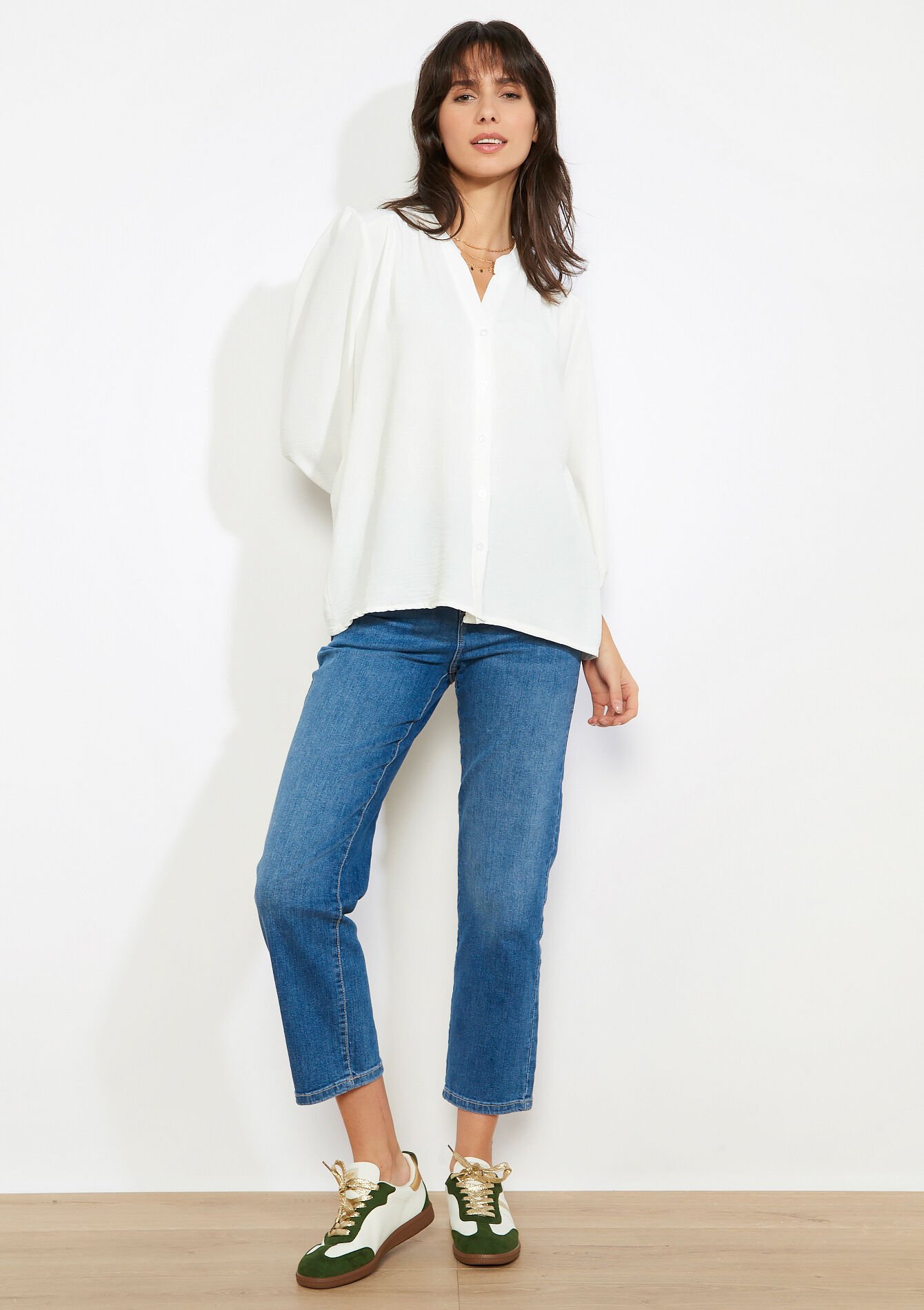 Vloeiende blouse met V-hals, Vloeiende blouse met V-hals - OPTICAL WHITE - 05703042_1019