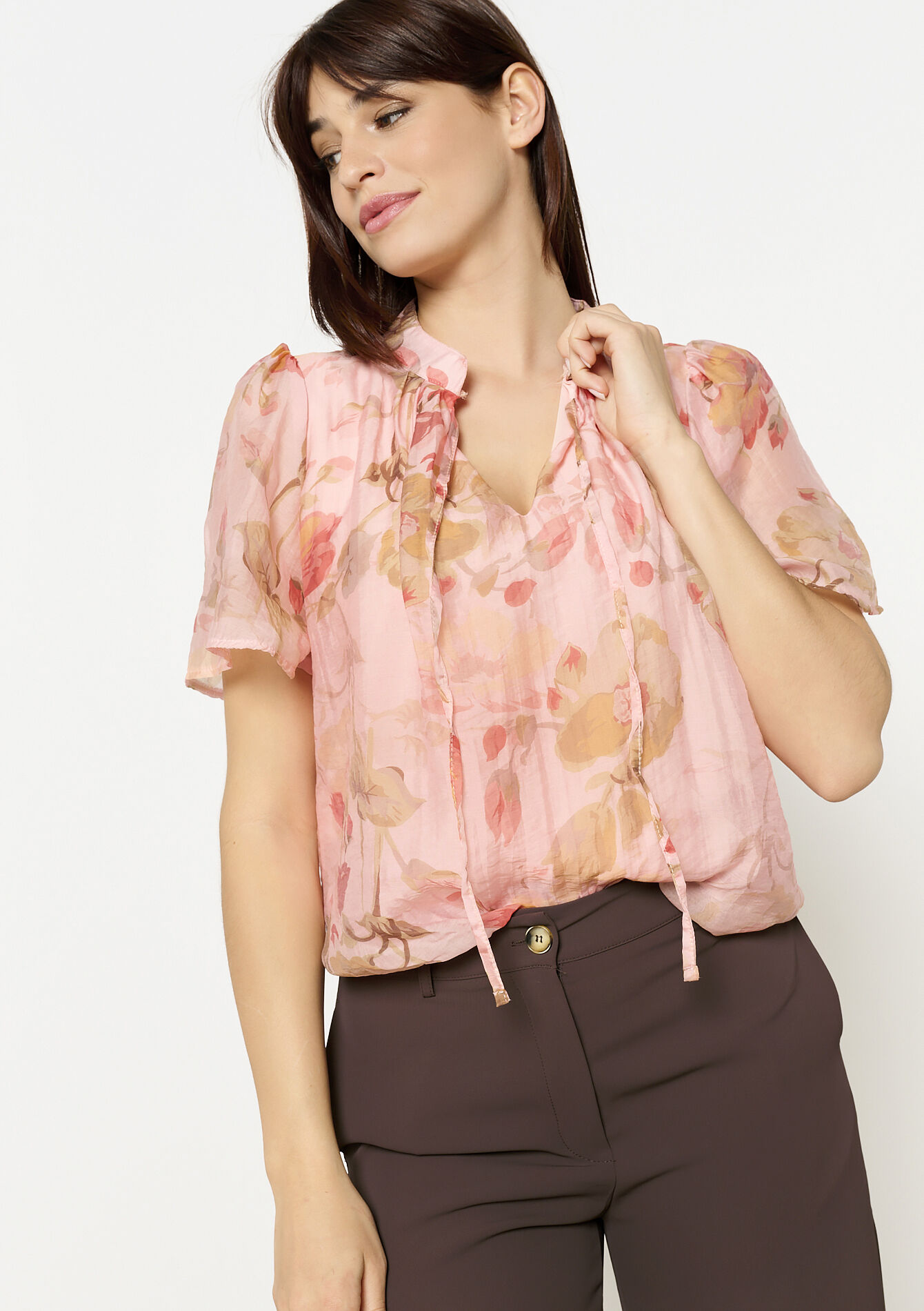 Bloemenblouse met strikdetail, Bloemenblouse met strikdetail - LIGHT PINK - 05702803_1303