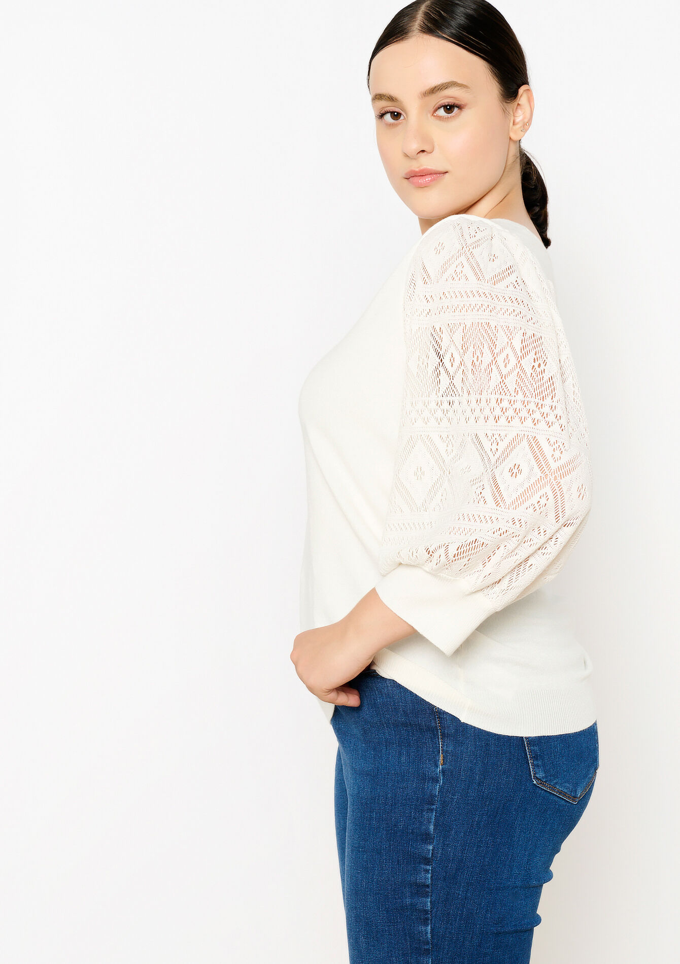 Pull avec manches en dentelle, Pull avec manches en dentelle - VANILLA WHITE - 04006506_1013