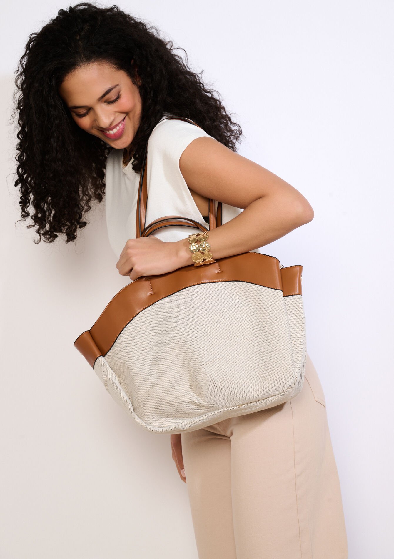 Grote twee-kleurige tas - LT BEIGE - 14001997_2527