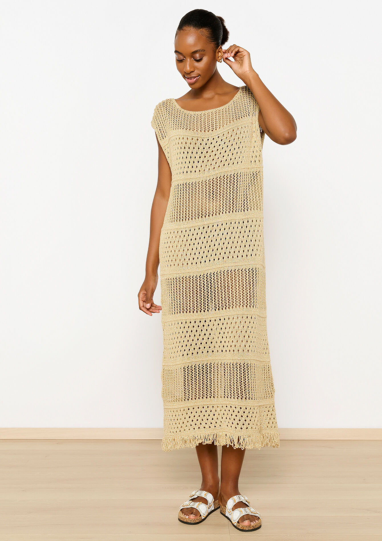 Crochet jurk met franjes - GOLD - 08103666_1058