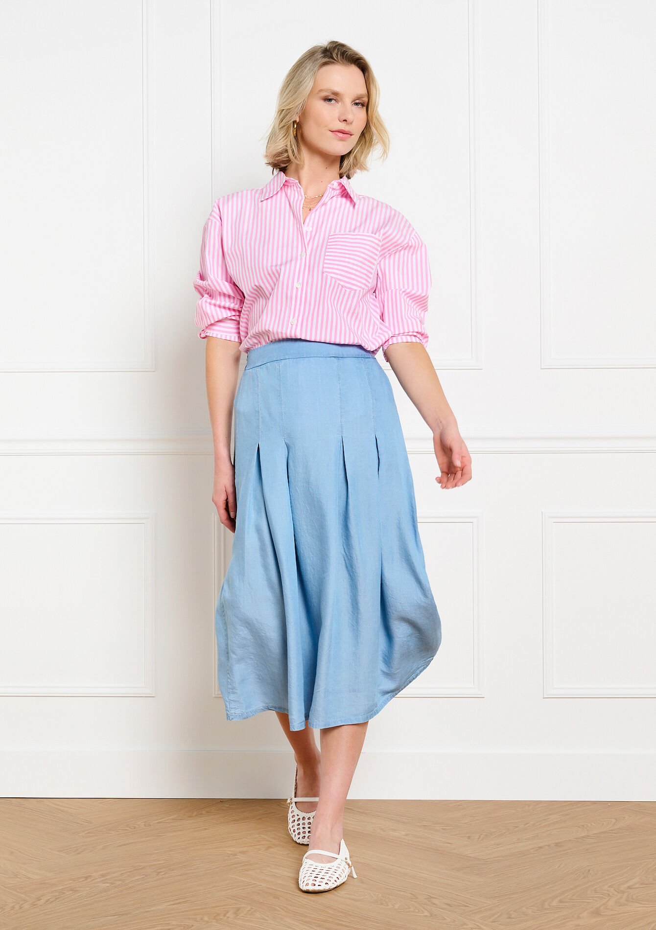 Soepele geplooide midi rok - BLUE BLEACHED - 07101524_0502