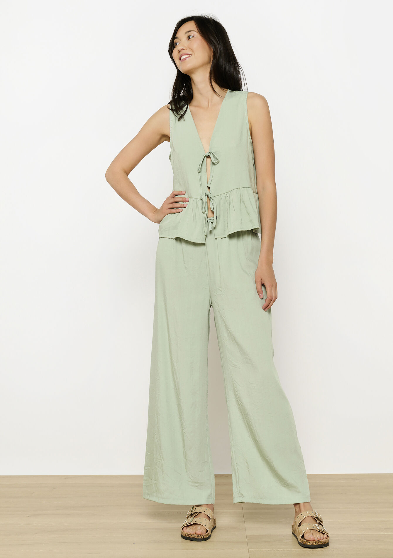 Wijde broek met elastische taille, Wijde broek met elastische taille - MINT GREEN - 06600990_1723