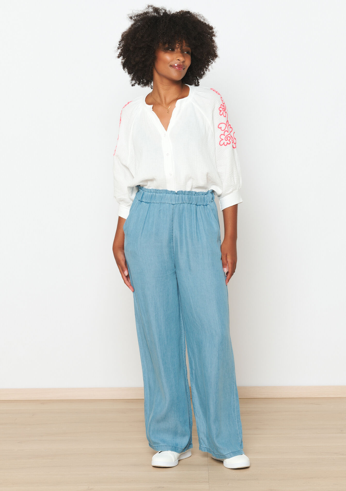 Pantalon évasé en tencel, Pantalon évasé en tencel - BLUE BLEACHED - 06600862_0502