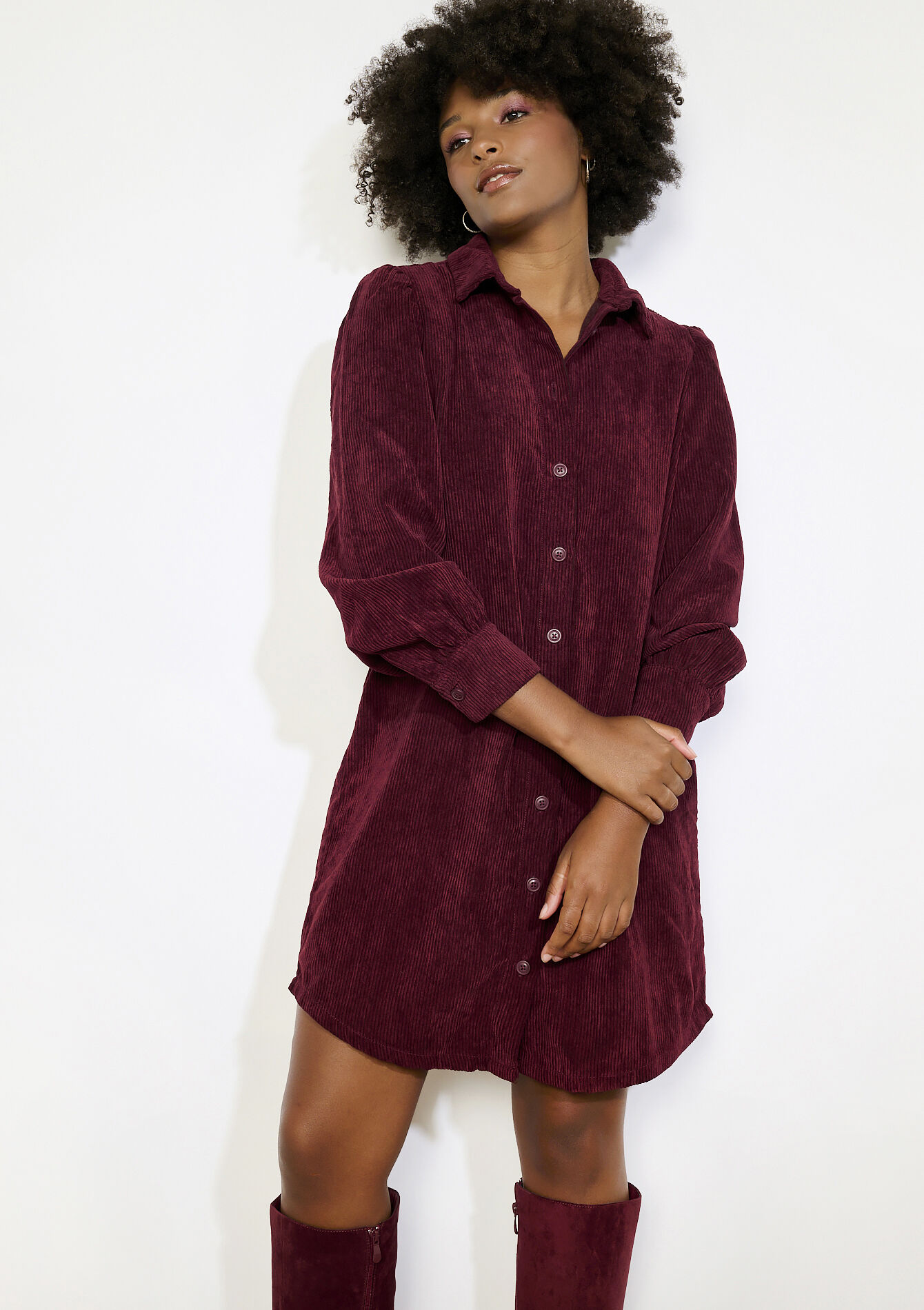 Robe chemise en velours, Robe chemise en velours - BORDEAU WINE - 08104034_1467