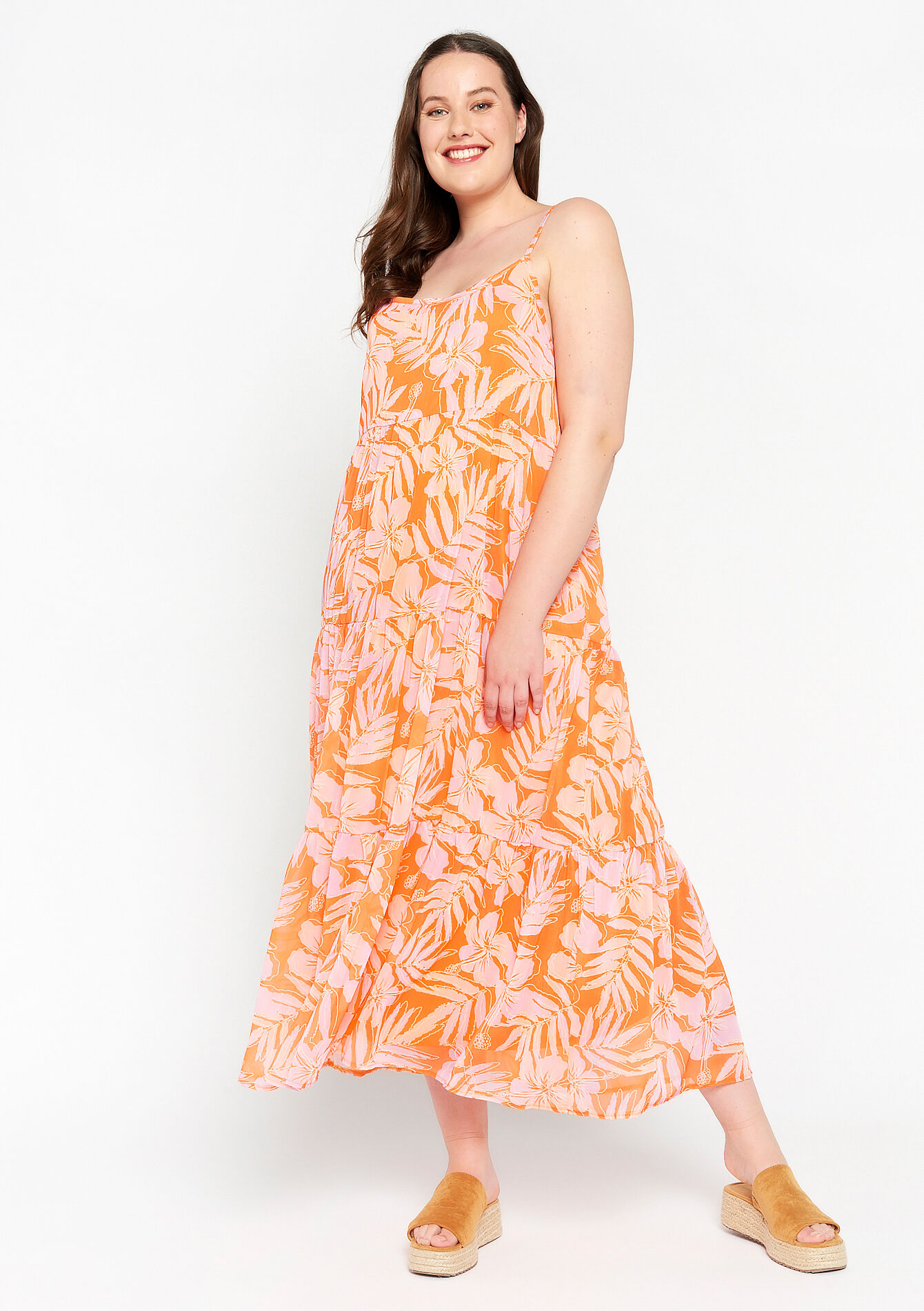 Lange A-lijn jurk met bloemenprint - ORANGE BRIGHT - 08602036_1255