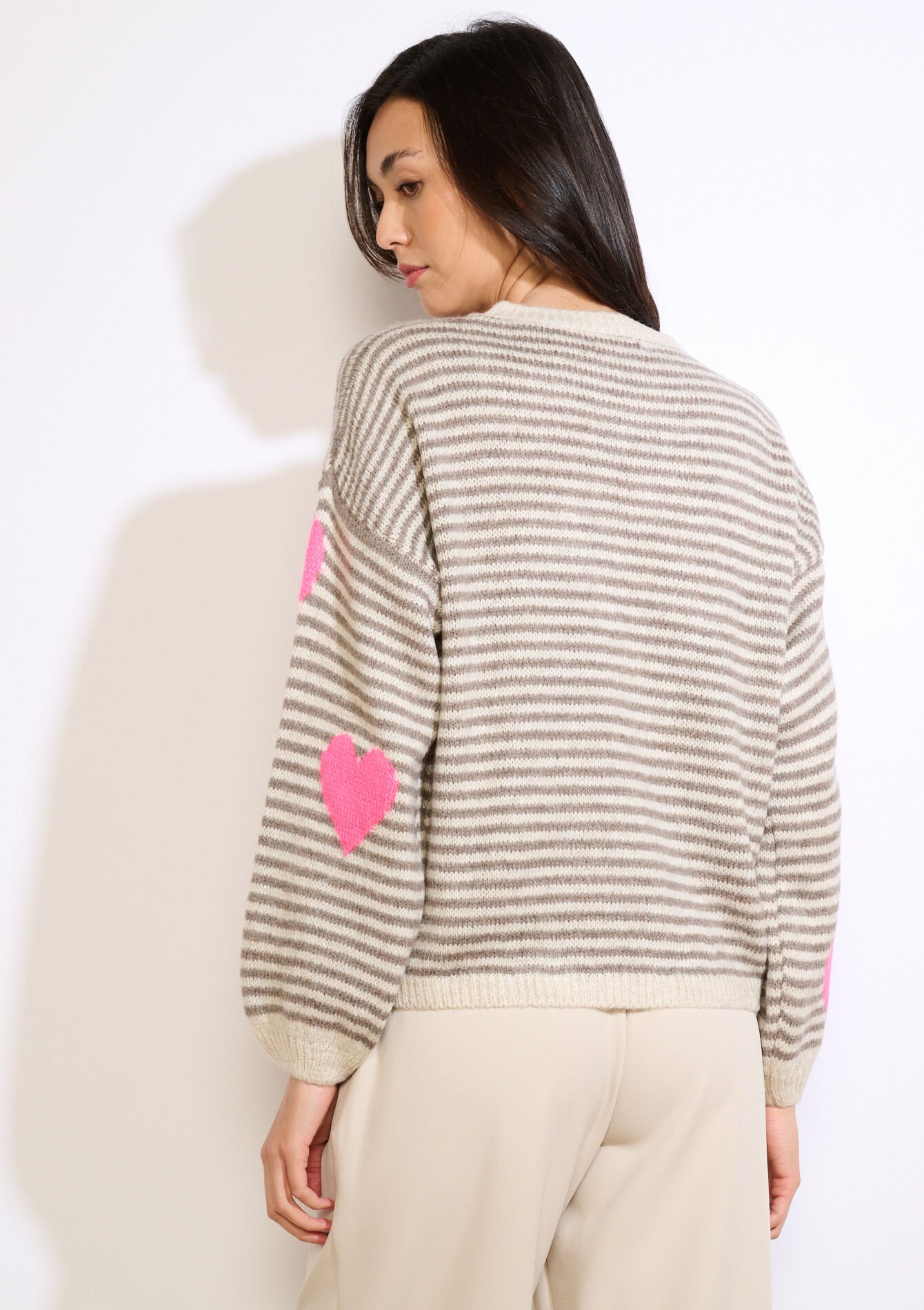 Gestreepte trui met hartjes - LT BEIGE - 04007107_2527