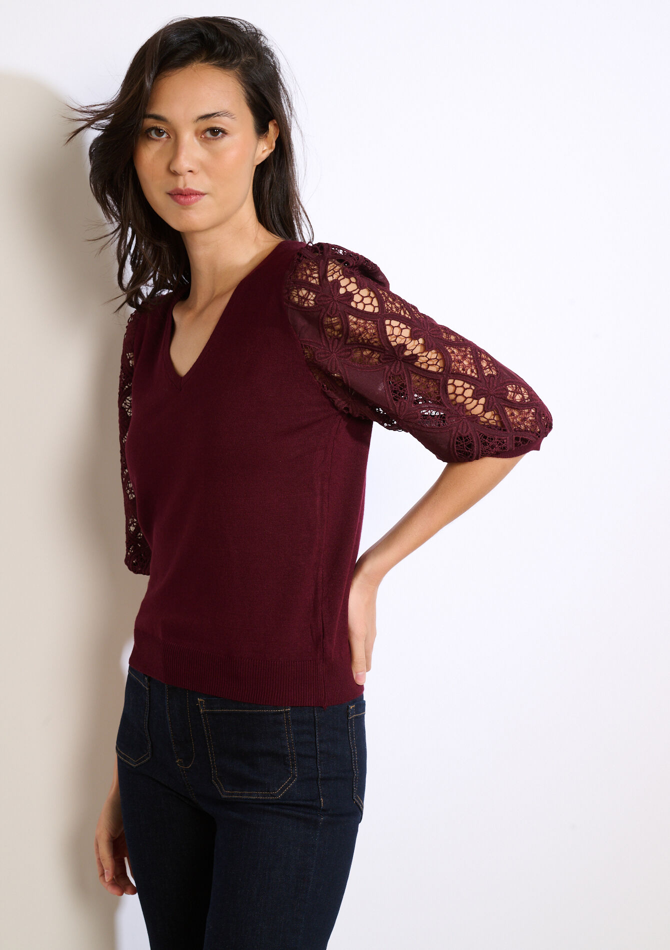 Trui met kanten mouwen - BORDEAUX WINE - 04007089