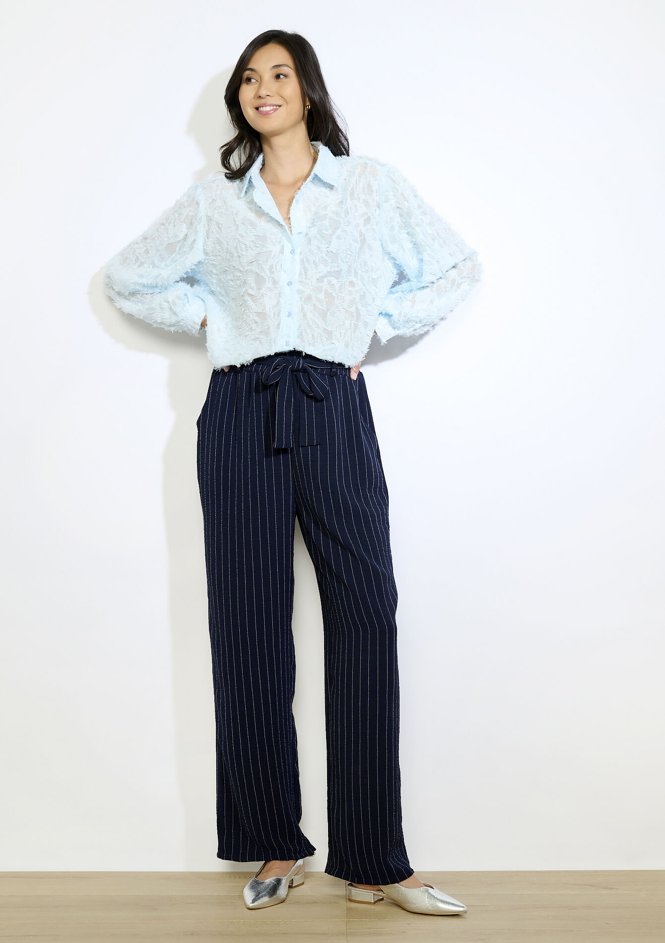 Pantalon fluide à rayures - NAVY BASIC - 06601040_2723