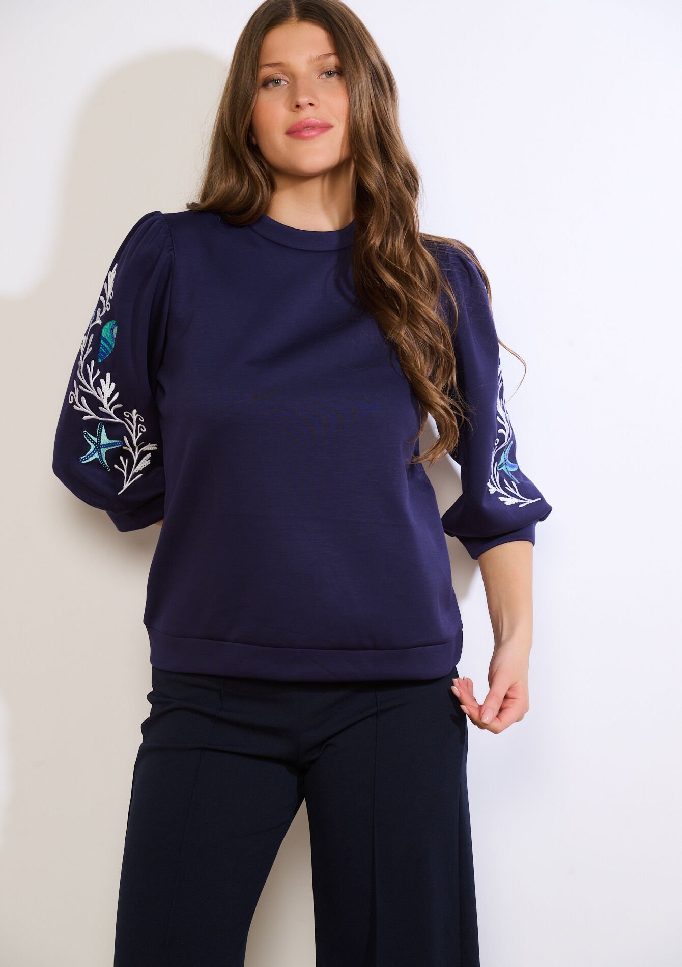 Embroidered puff-sleeve sweatshirt, Embroidered puff-sleeve sweatshirt - NAVY BLUE - 03001839_1651